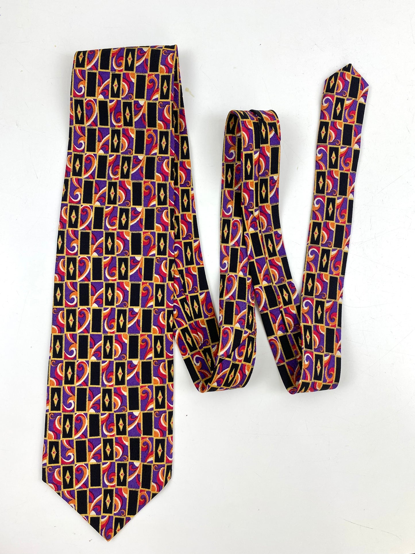 90s Deadstock Silk Necktie, Men's Vintage Purple/ Gold Geometric Pattern Tie, NOS