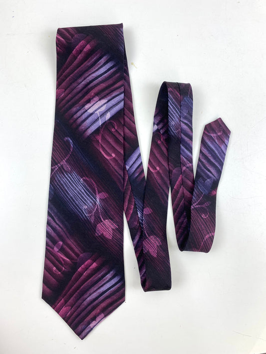 90s Deadstock Silk Necktie, Men's Vintage Purple/ Black Abstract Botanical Pattern Tie, NOS
