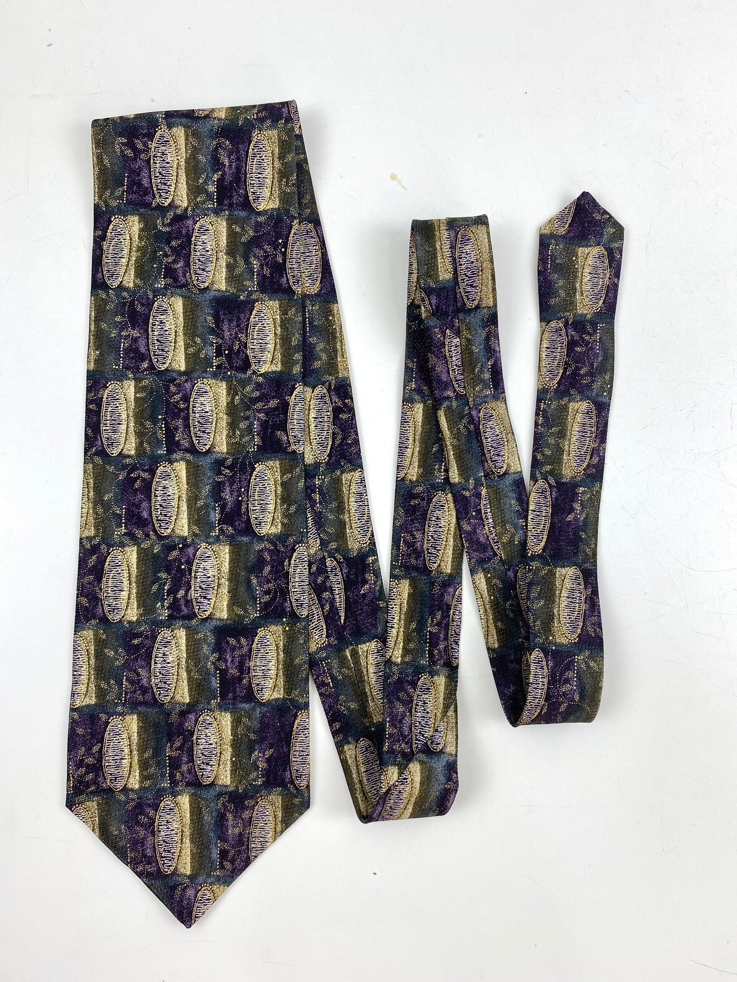 90s Deadstock Silk Necktie, Men's Vintage Purple/ Blue/ Green Geometric Oval & Vine Pattern Tie, NOS