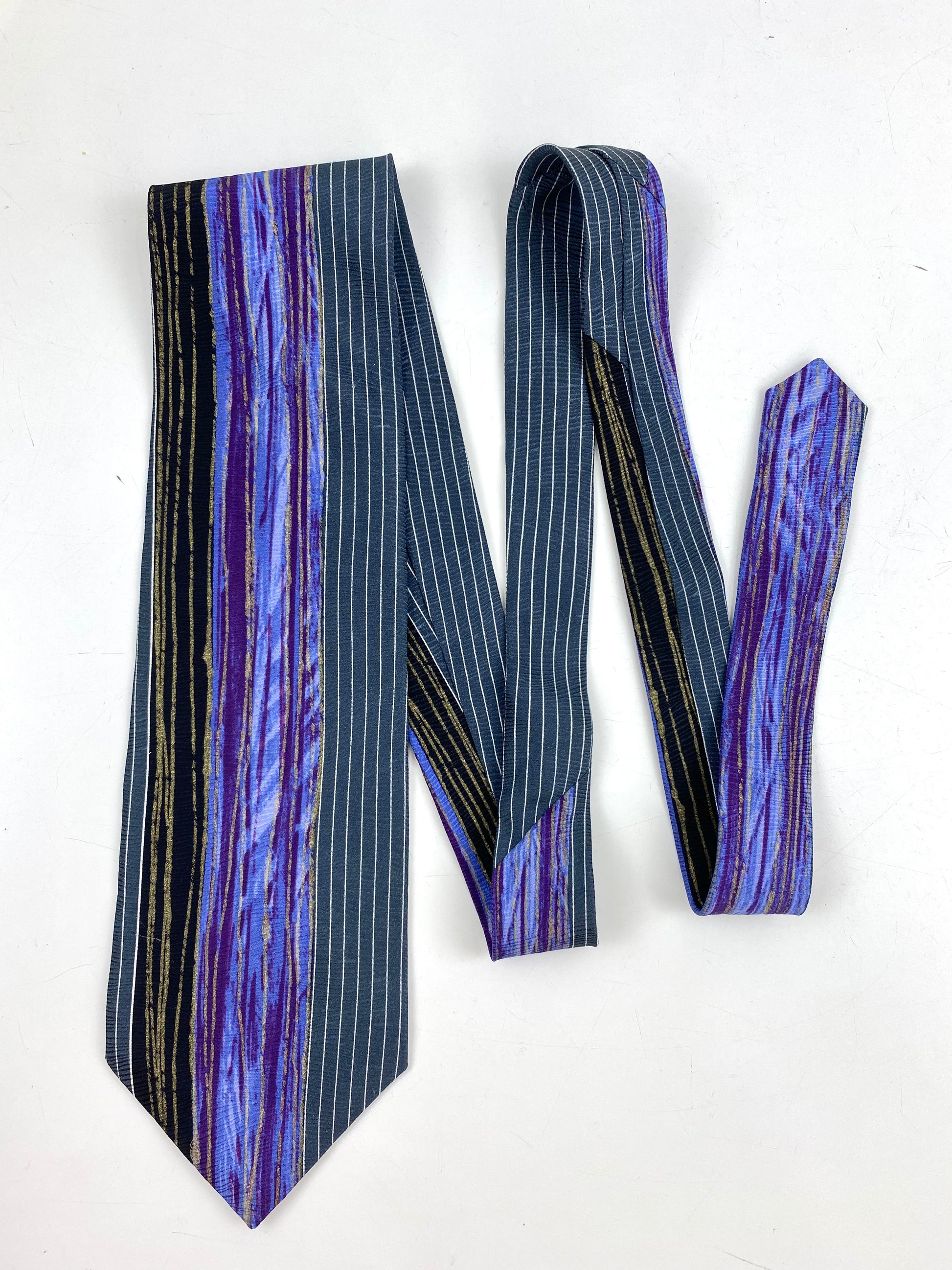 90s Deadstock Silk Necktie, Men's Vintage Purple/ Grey/ Black Vertical Stripe Pattern Tie, NOS