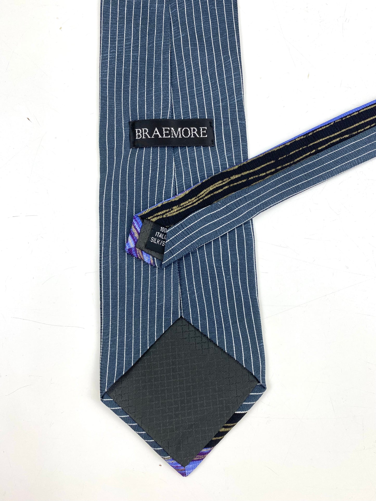90s Deadstock Silk Necktie, Men's Vintage Purple/ Grey/ Black Vertical Stripe Pattern Tie, NOS