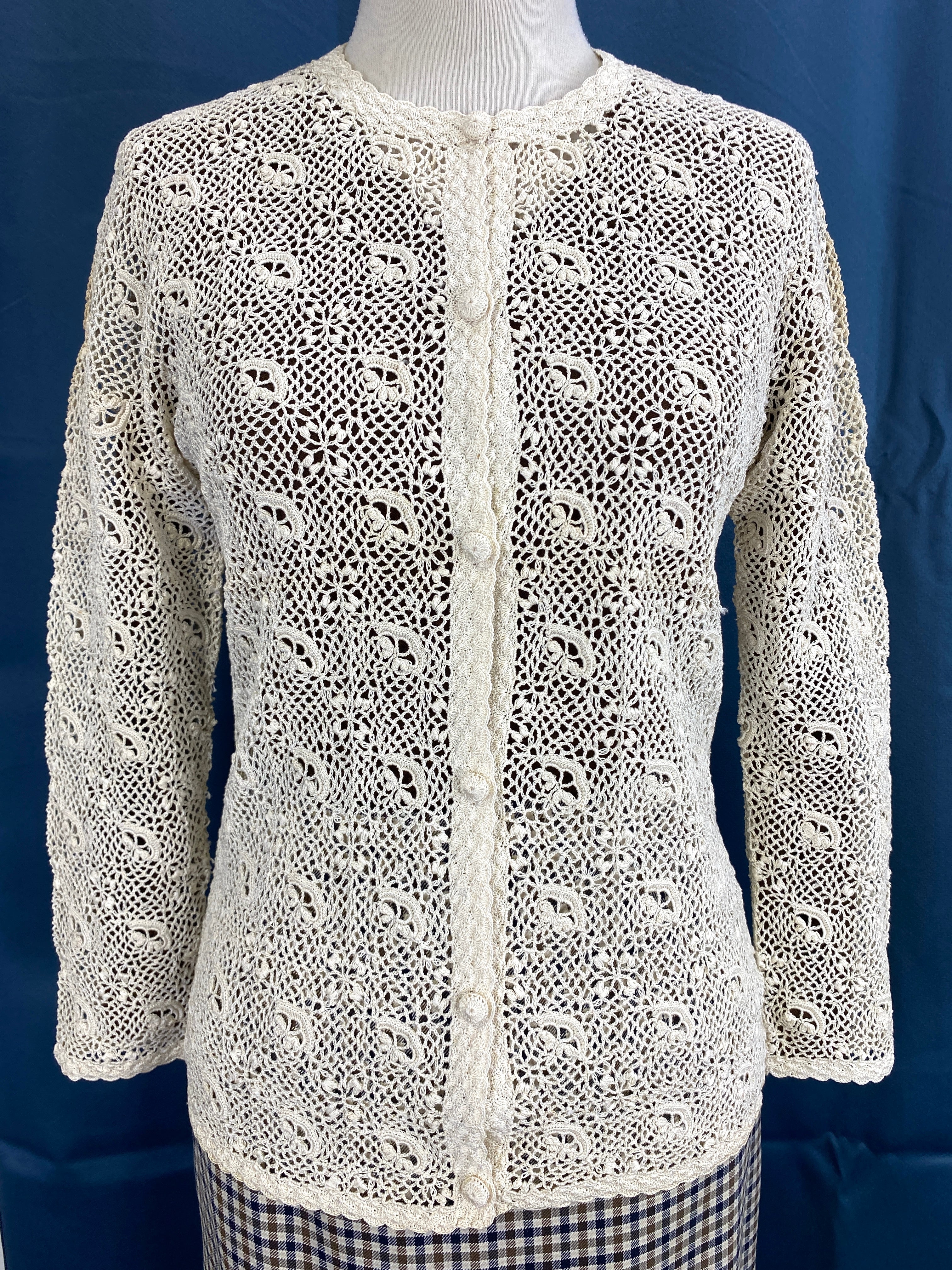 Vintage 1960s Cream Cotton Irish Crochet Cardigan, XXS – Ian