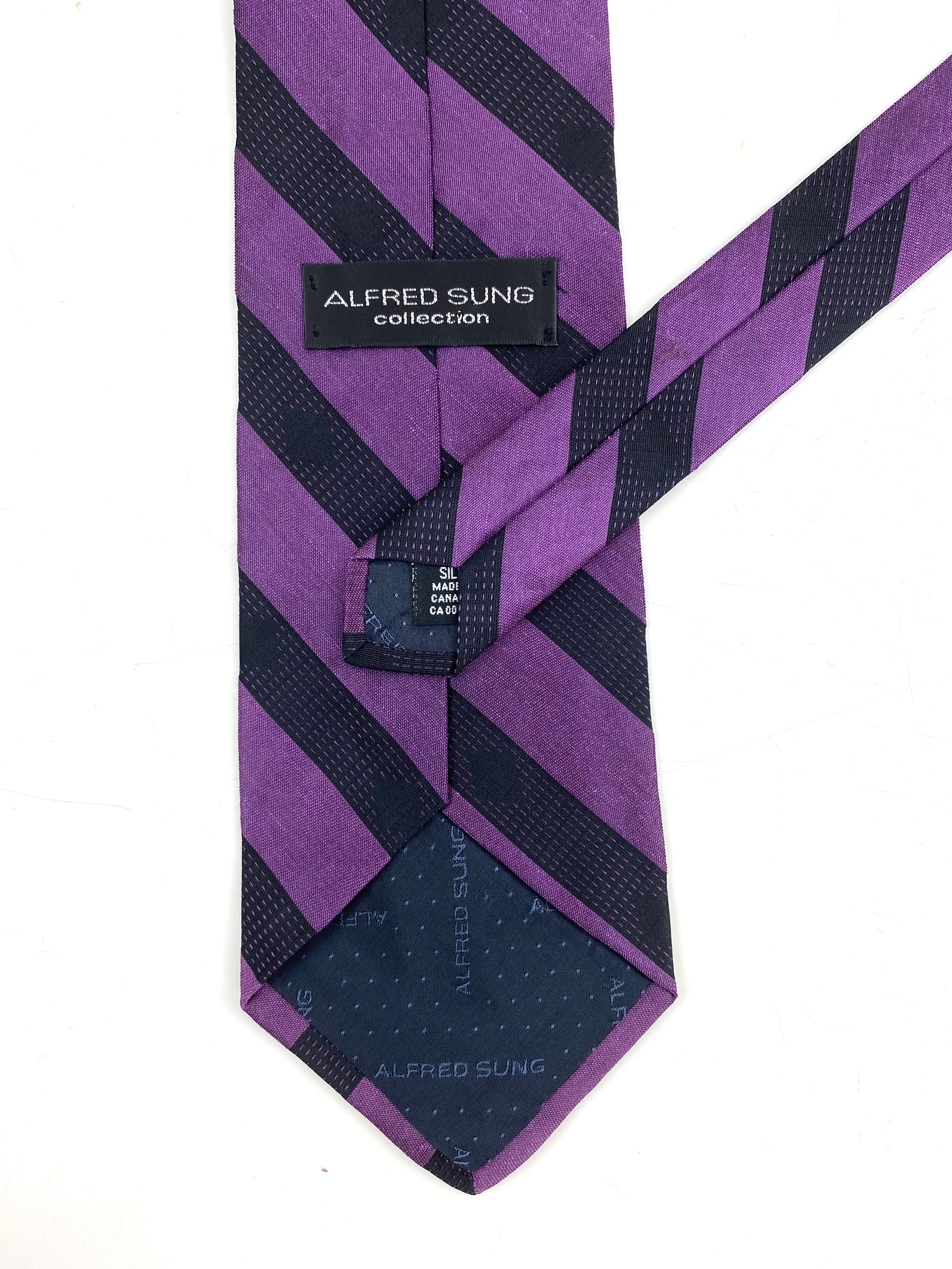 90s Deadstock Silk Necktie, Men's Vintage Purple/ Black Diagonal Stripe Pattern Tie, NOS