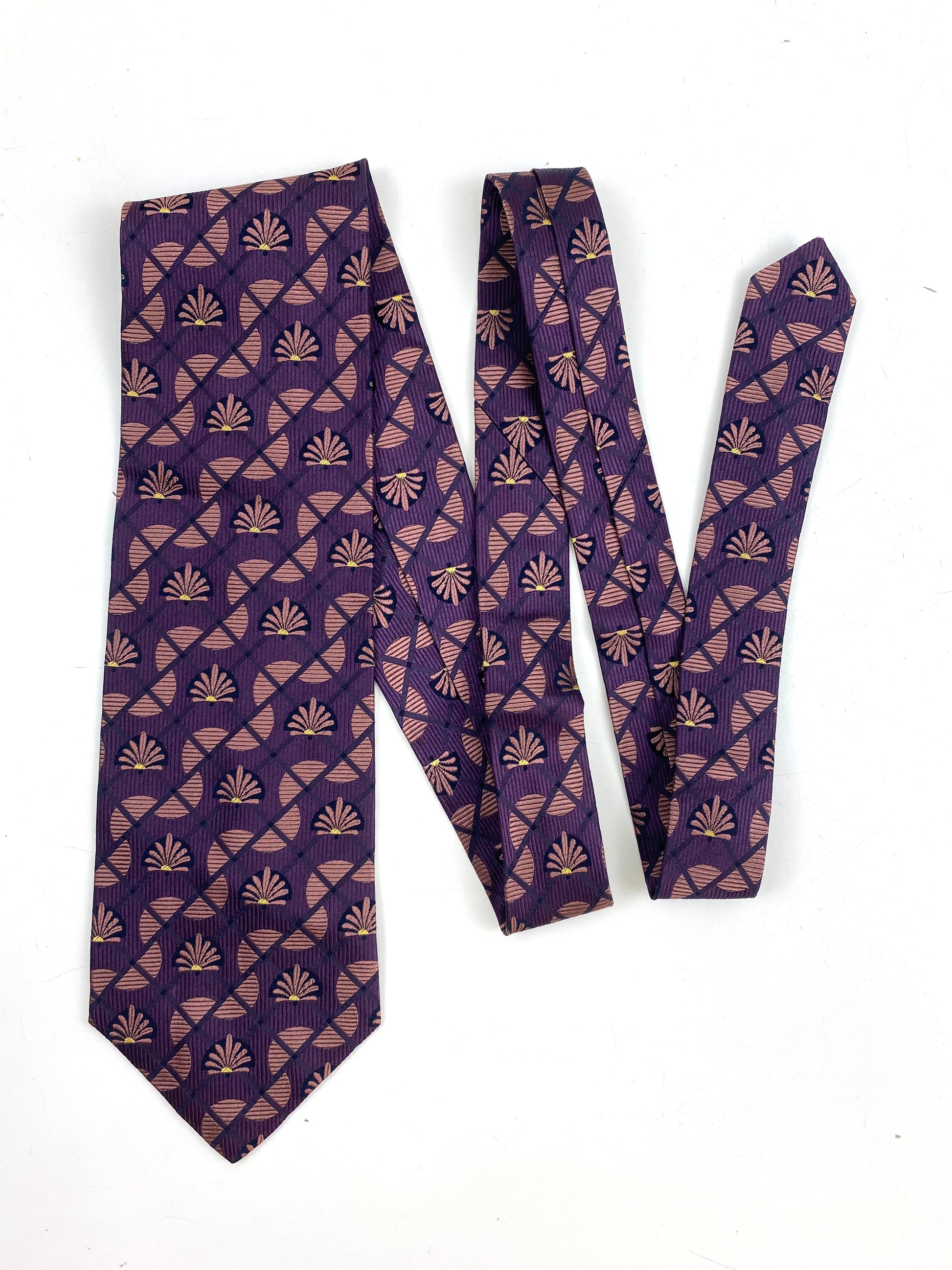 90s Deadstock Silk Necktie, Men's Vintage Purple Art Deco Pattern Tie, NOS