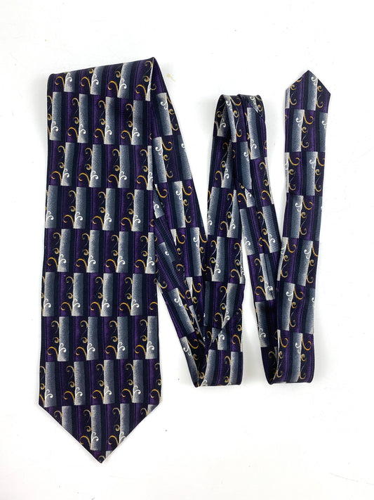 90s Deadstock Silk Necktie, Men's Vintage Purple/ Black/ Grey Filigree Pattern Tie, NOS