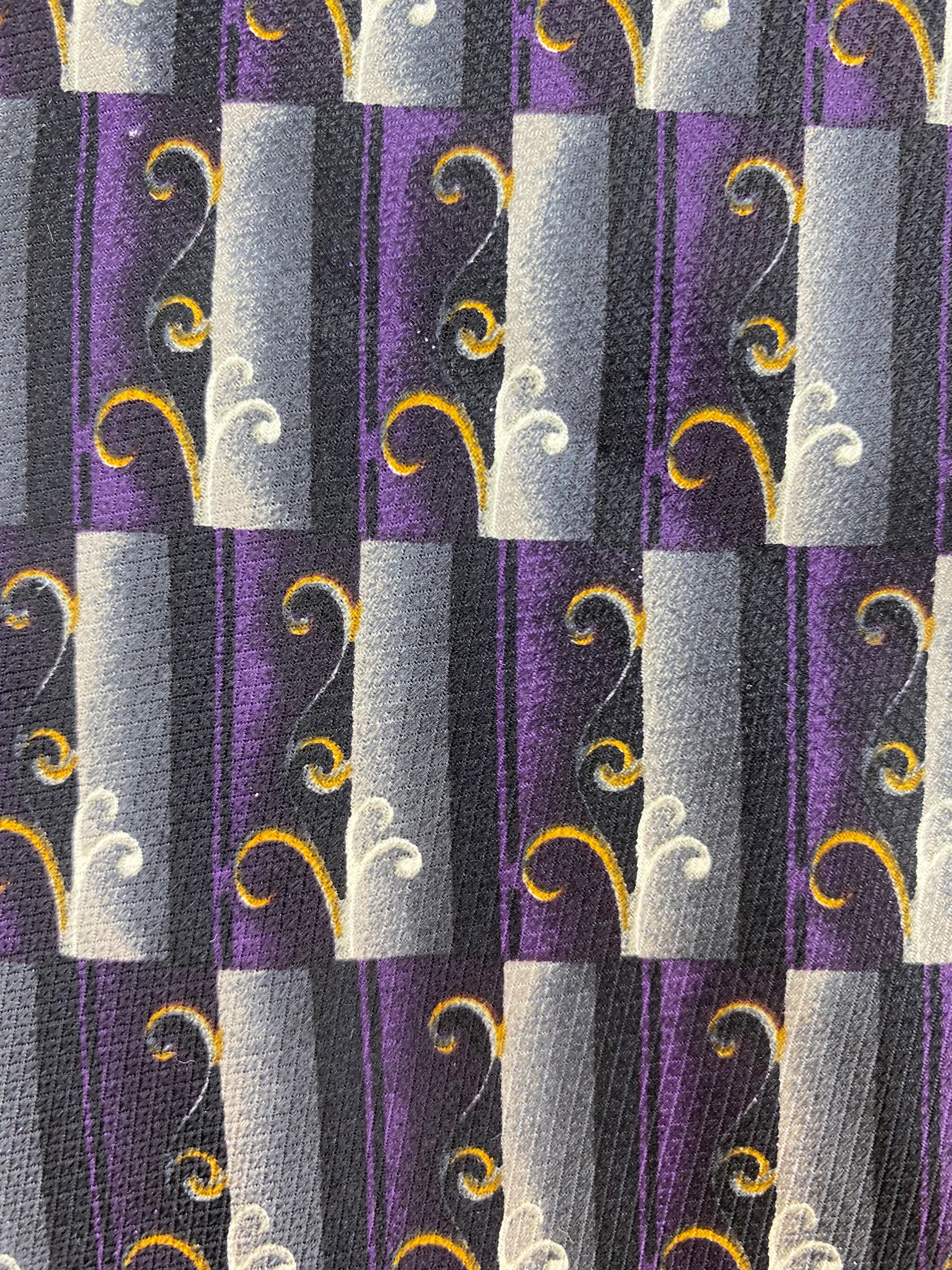 90s Deadstock Silk Necktie, Men's Vintage Purple/ Black/ Grey Filigree Pattern Tie, NOS
