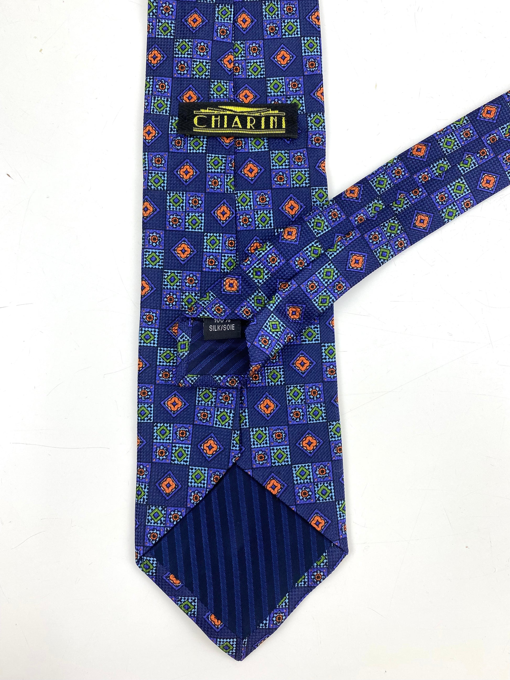 90s Deadstock Silk Necktie, Men's Vintage Blue/ Orange/ Green Geometric Tile Pattern Tie, NOS
