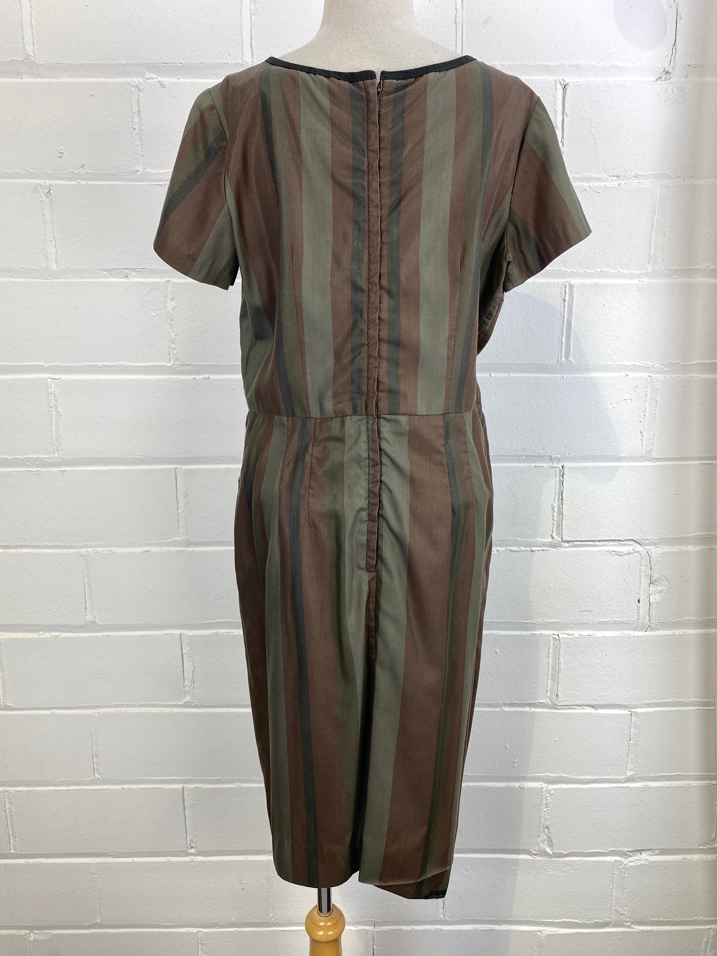 Vintage 60s Brown Cotton Stripe Day Dress, Large