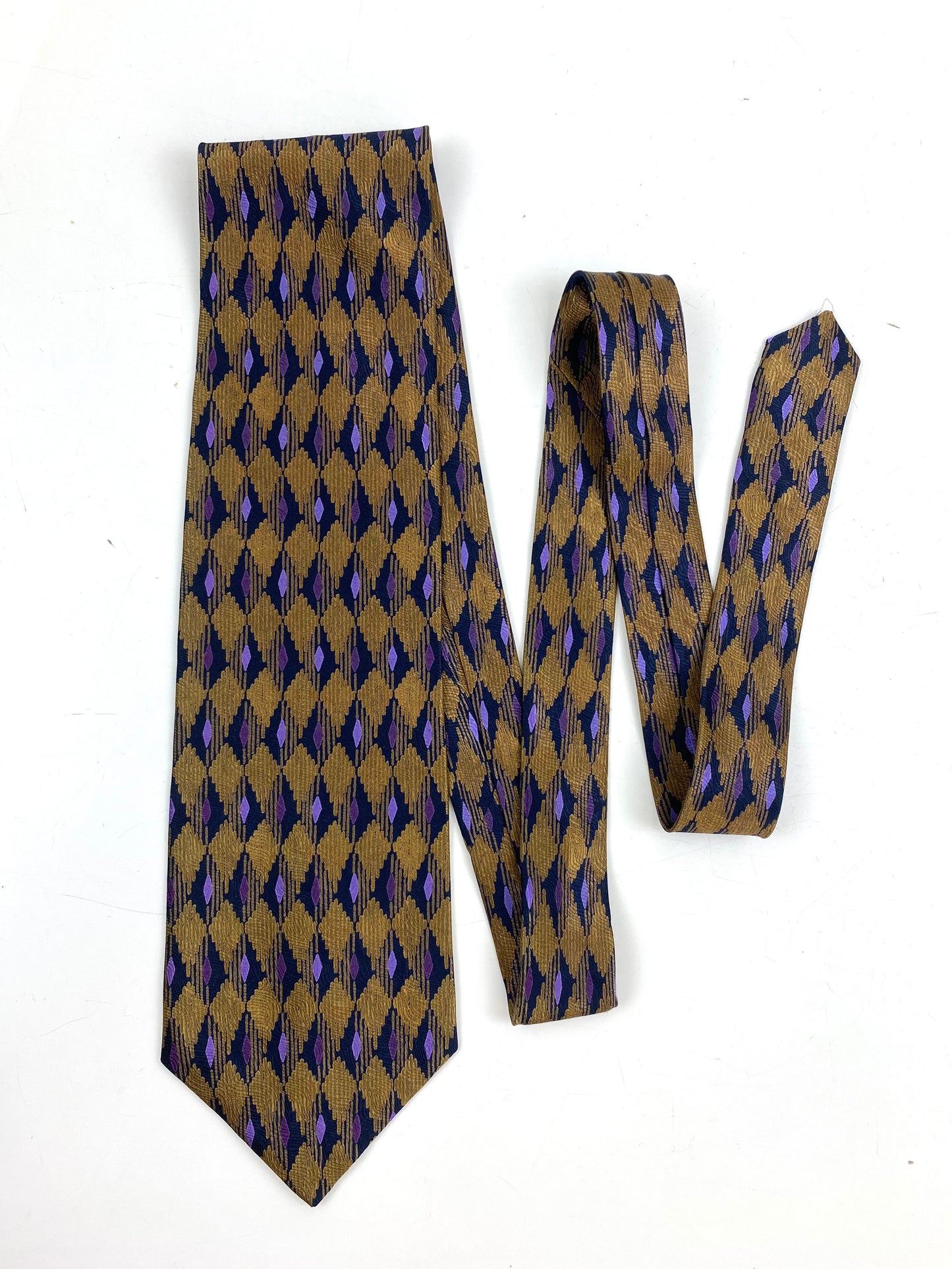 90s Deadstock Silk Necktie, Men's Vintage Gold/ Purple Diamond  Pattern Tie, NOS