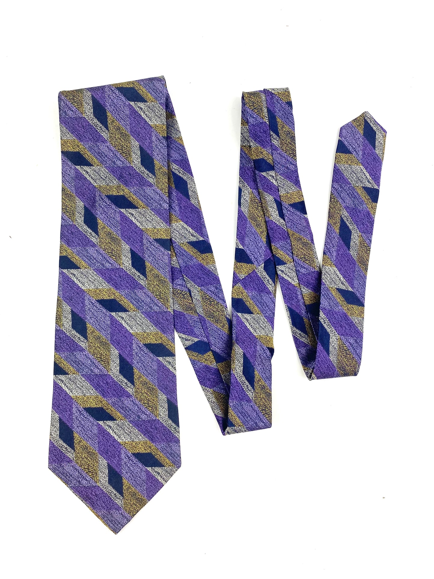 90s Deadstock Silk Necktie, Men's Vintage Purple/ Gold Geometric Stripe Pattern Tie, NOS
