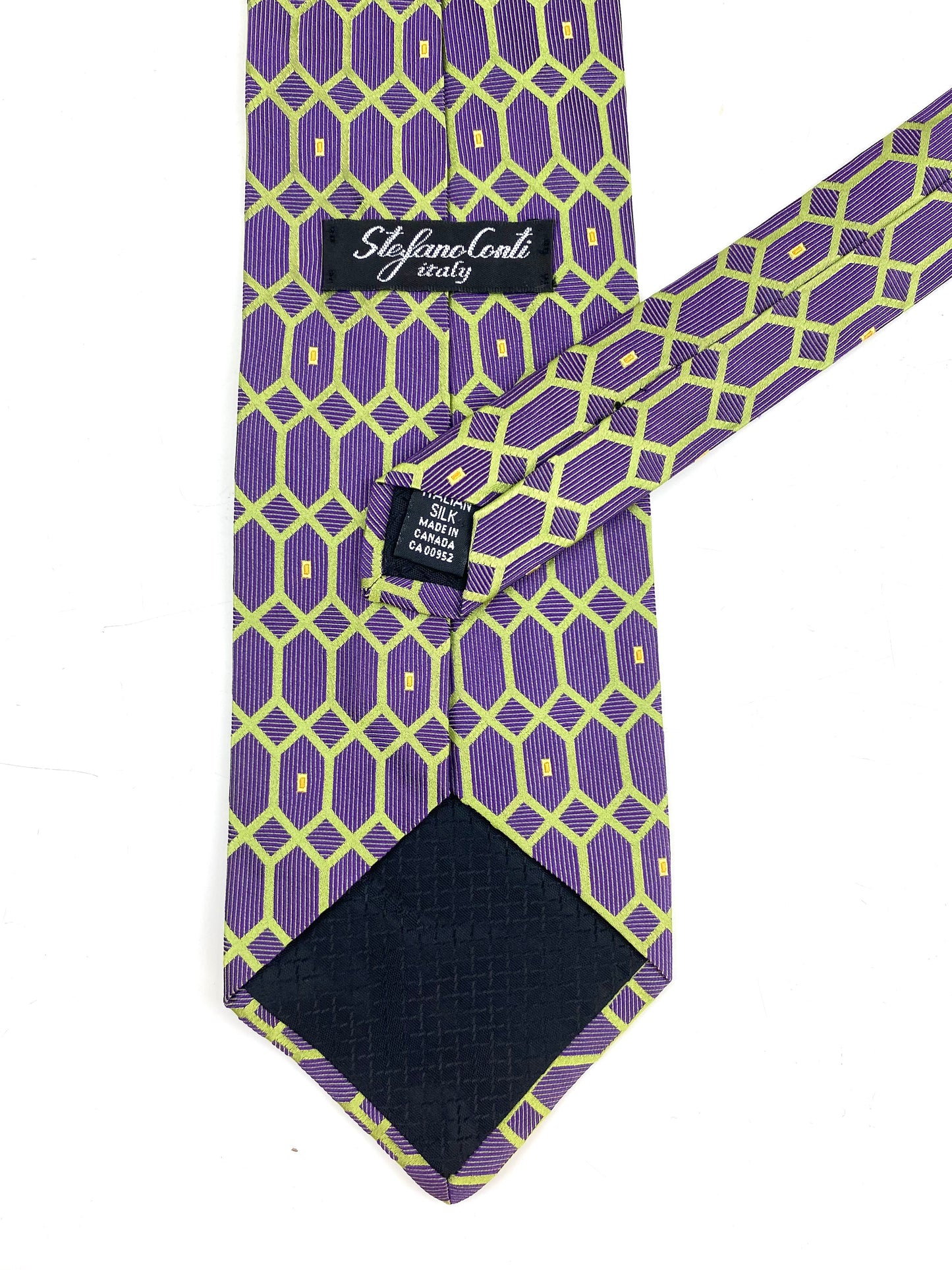 90s Deadstock Silk Necktie, Men's Vintage Purple/ Green Lattice Pattern Tie, NOS