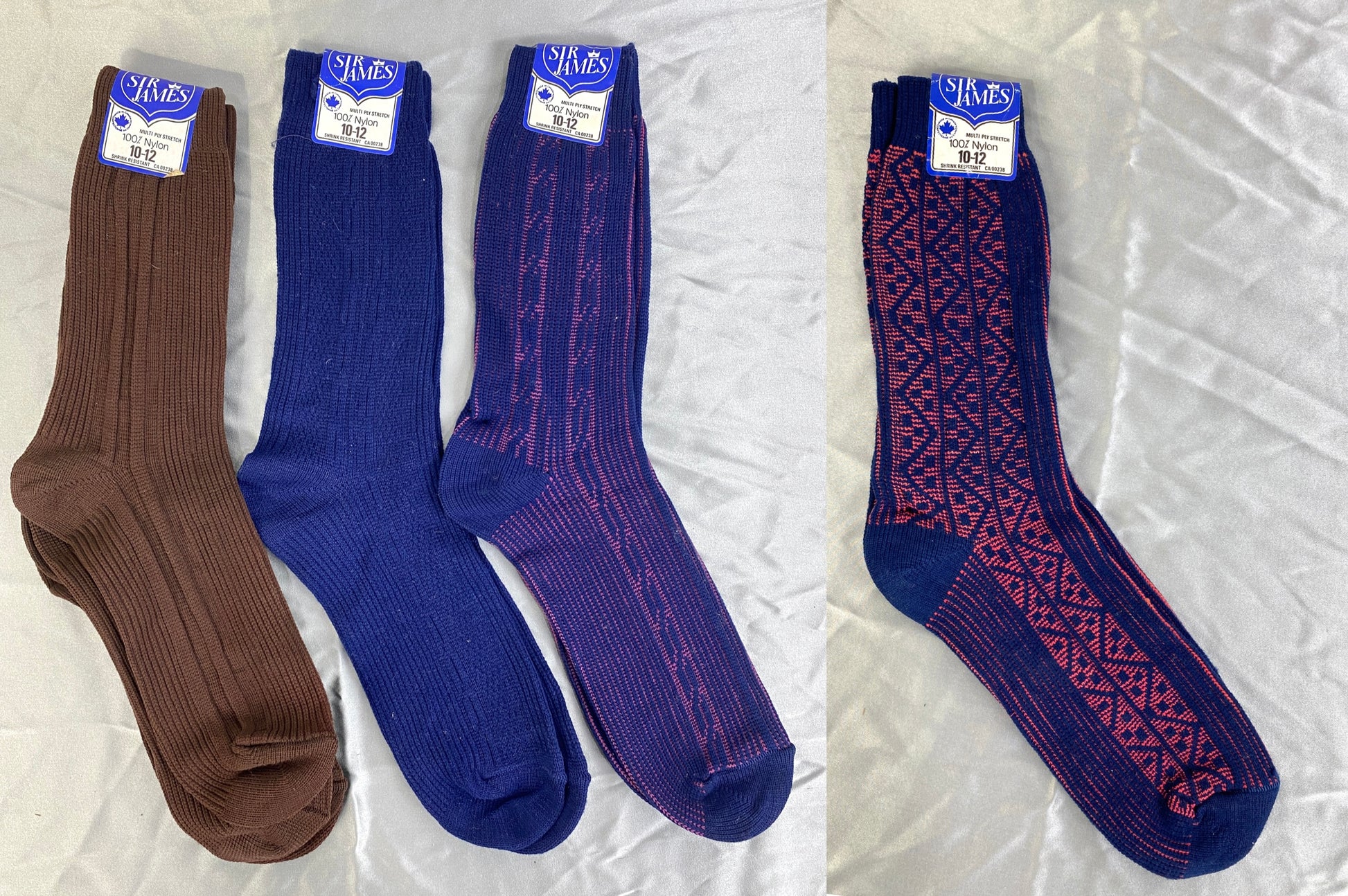 Vintage Deadstock Sir James Brown & Blue Nylon Socks, x6, Size 10-12