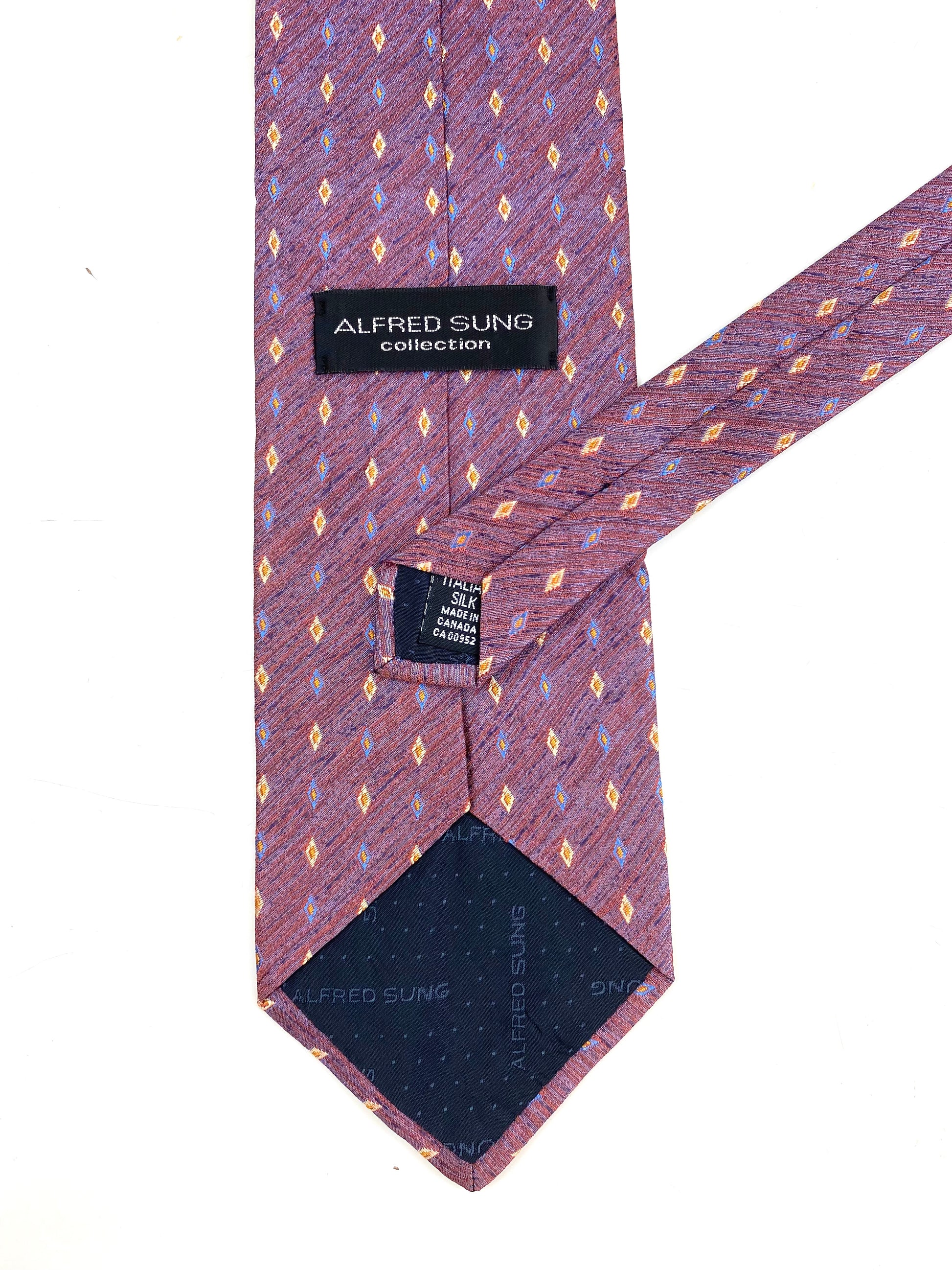90s Deadstock Silk Necktie, Men's Vintage Red/ Blue Micro Diamond Pattern Tie, NOS