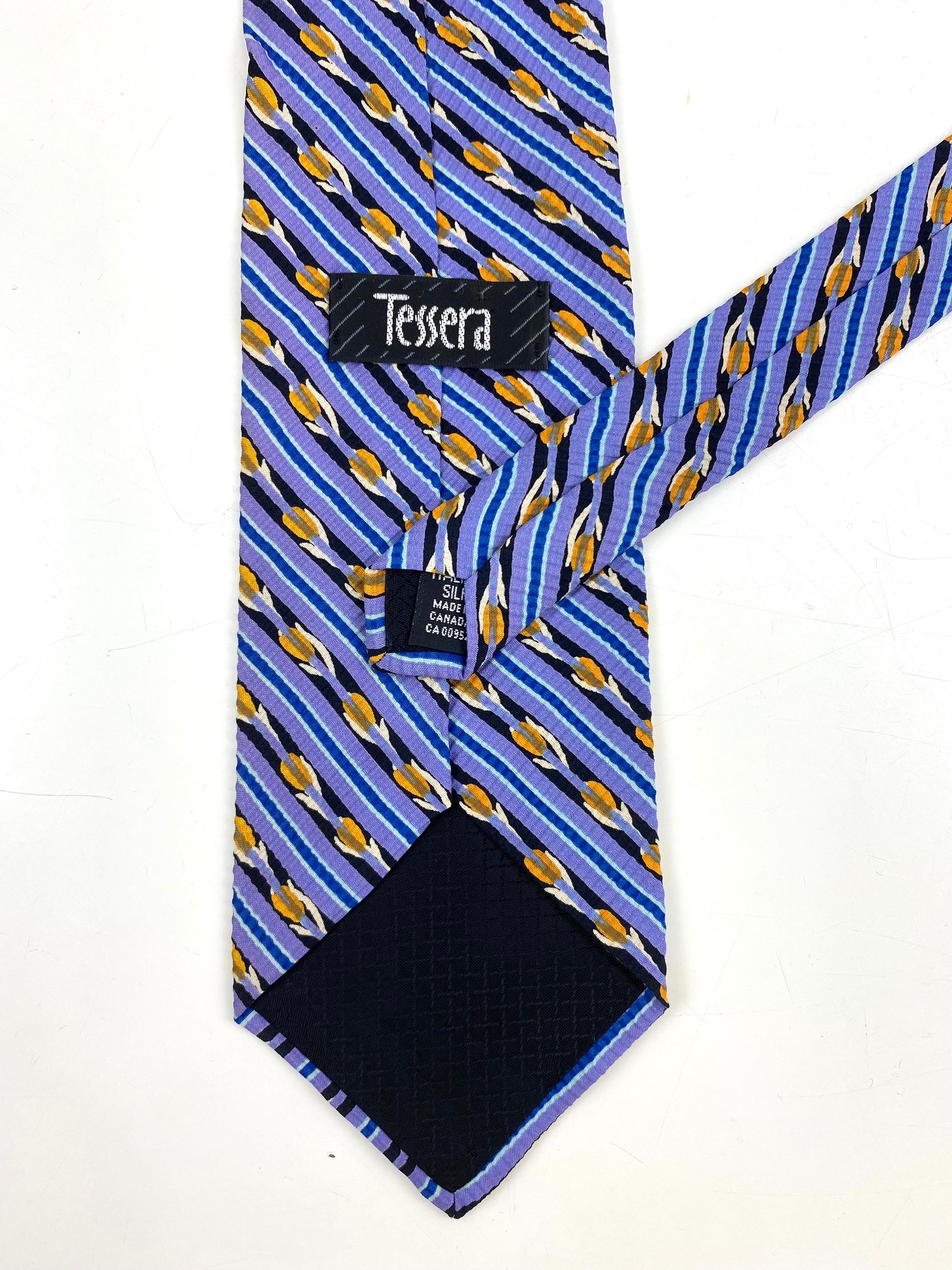 90s Deadstock Silk Necktie, Men's Vintage Purple/ Yellow Floral Diagonal Stripe Pattern Tie, NOS