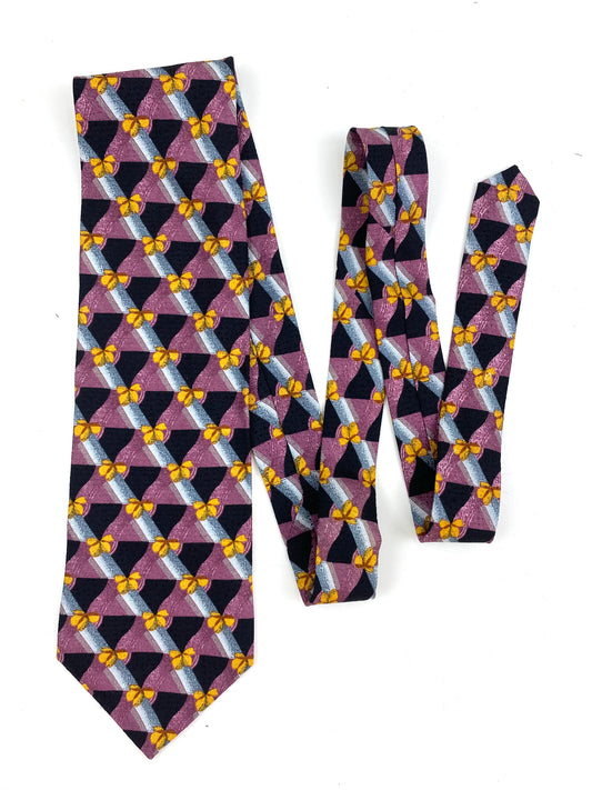 90s Deadstock Silk Necktie, Men's Vintage Purple/ Black/ Yellow Lattice Pattern Tie, NOS