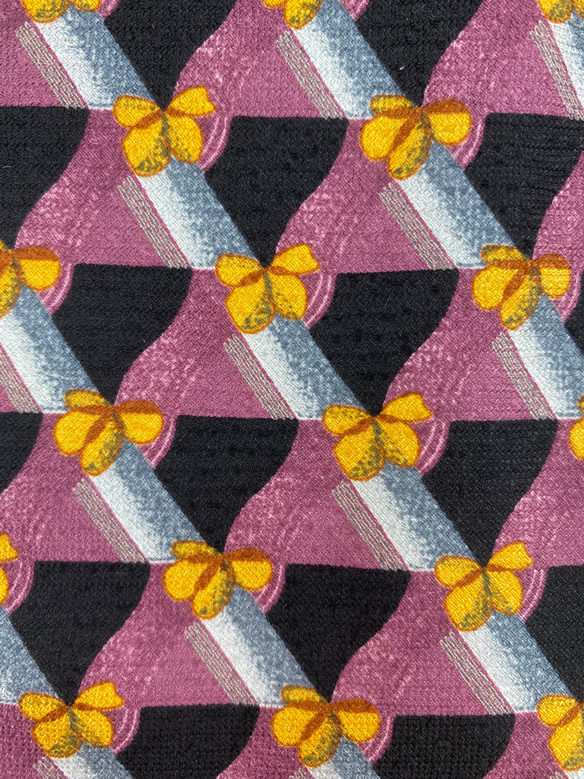90s Deadstock Silk Necktie, Men's Vintage Purple/ Black/ Yellow Lattice Pattern Tie, NOS