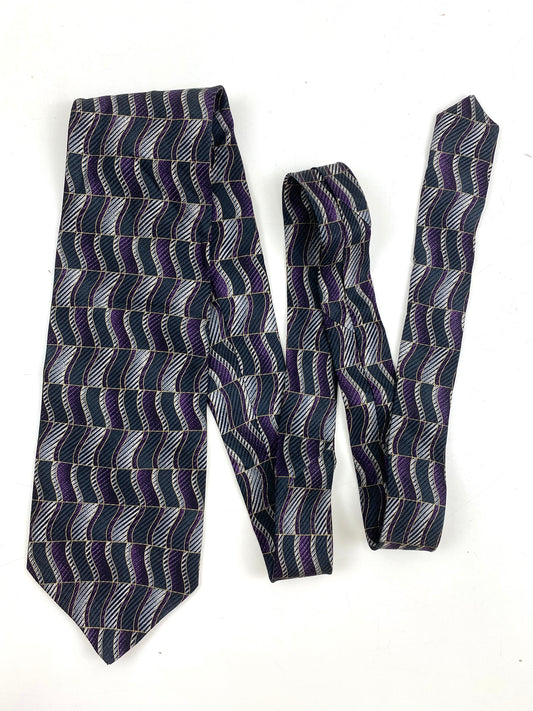90s Deadstock Silk Necktie, Men's Vintage Purple/ Green Geometric Wave Pattern Tie, NOS