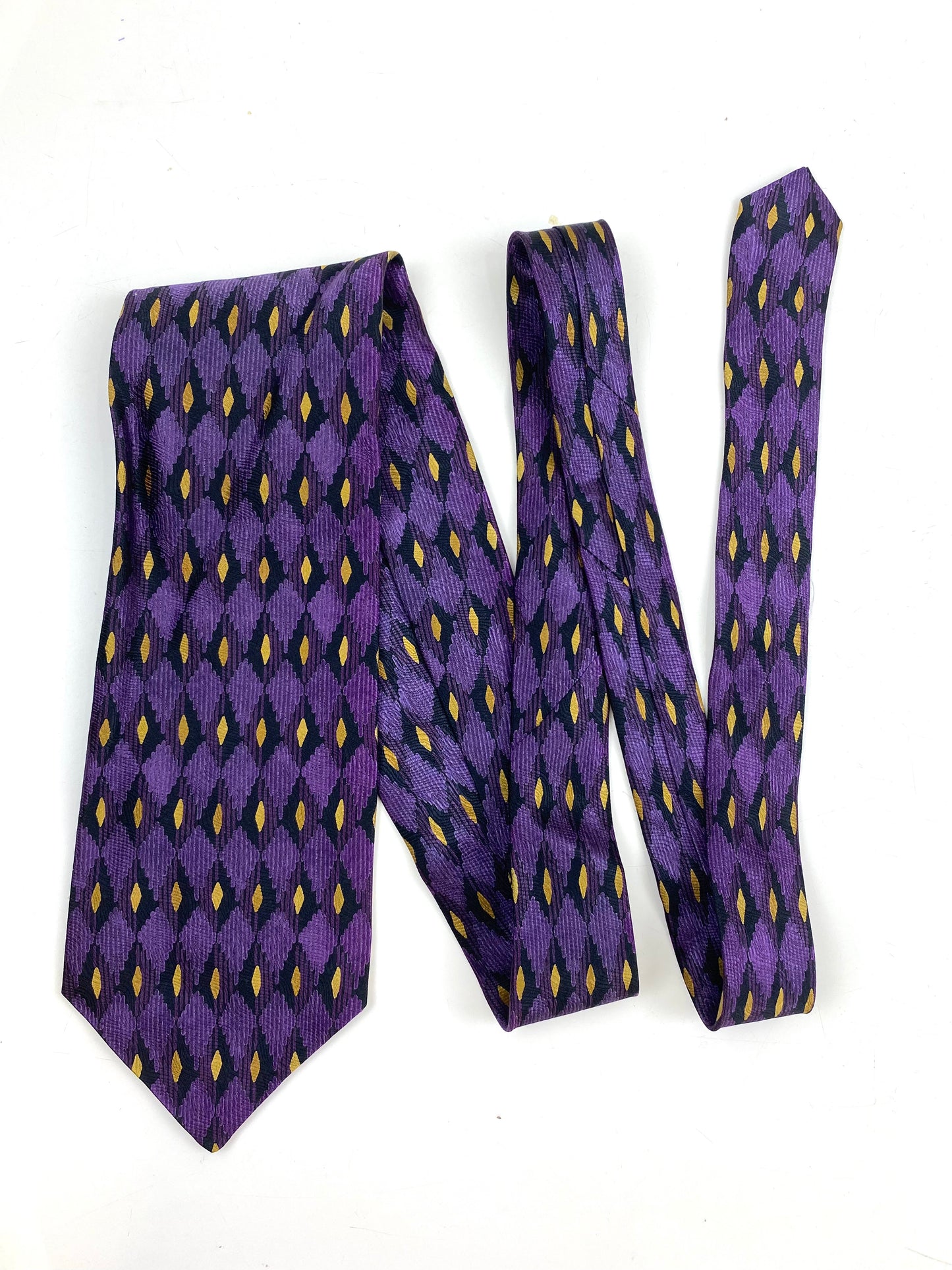 90s Deadstock Silk Necktie, Men's Vintage Purple/ Yellow Diamond Pattern Tie, NOS