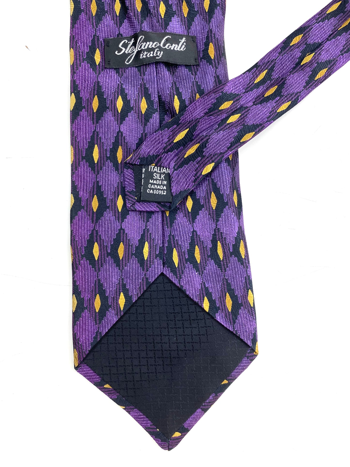 90s Deadstock Silk Necktie, Men's Vintage Purple/ Yellow Diamond Pattern Tie, NOS