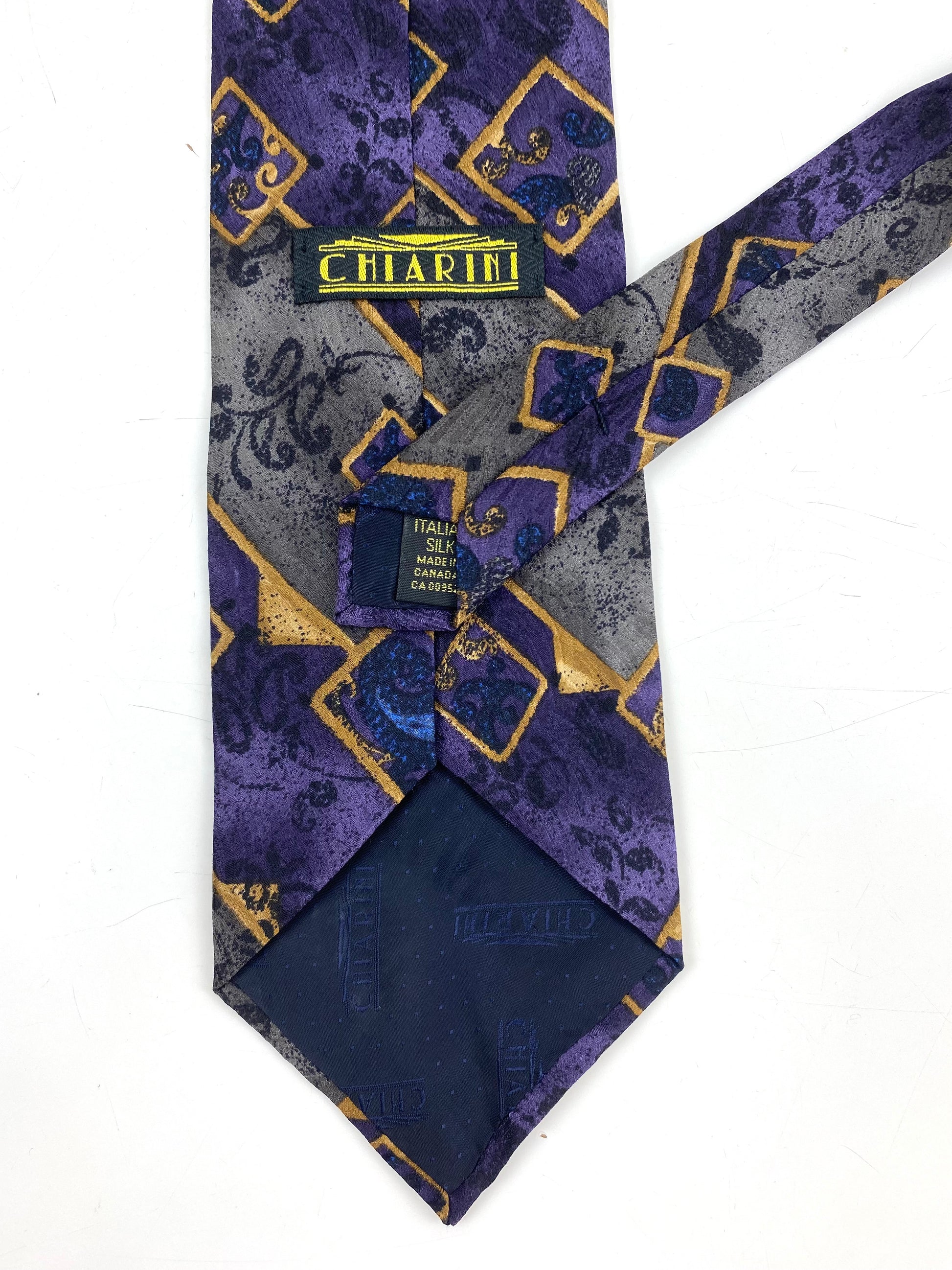 90s Deadstock Silk Necktie, Men's Vintage Purple/ Grey Stripe & Square Botanical Background Tie, NOS