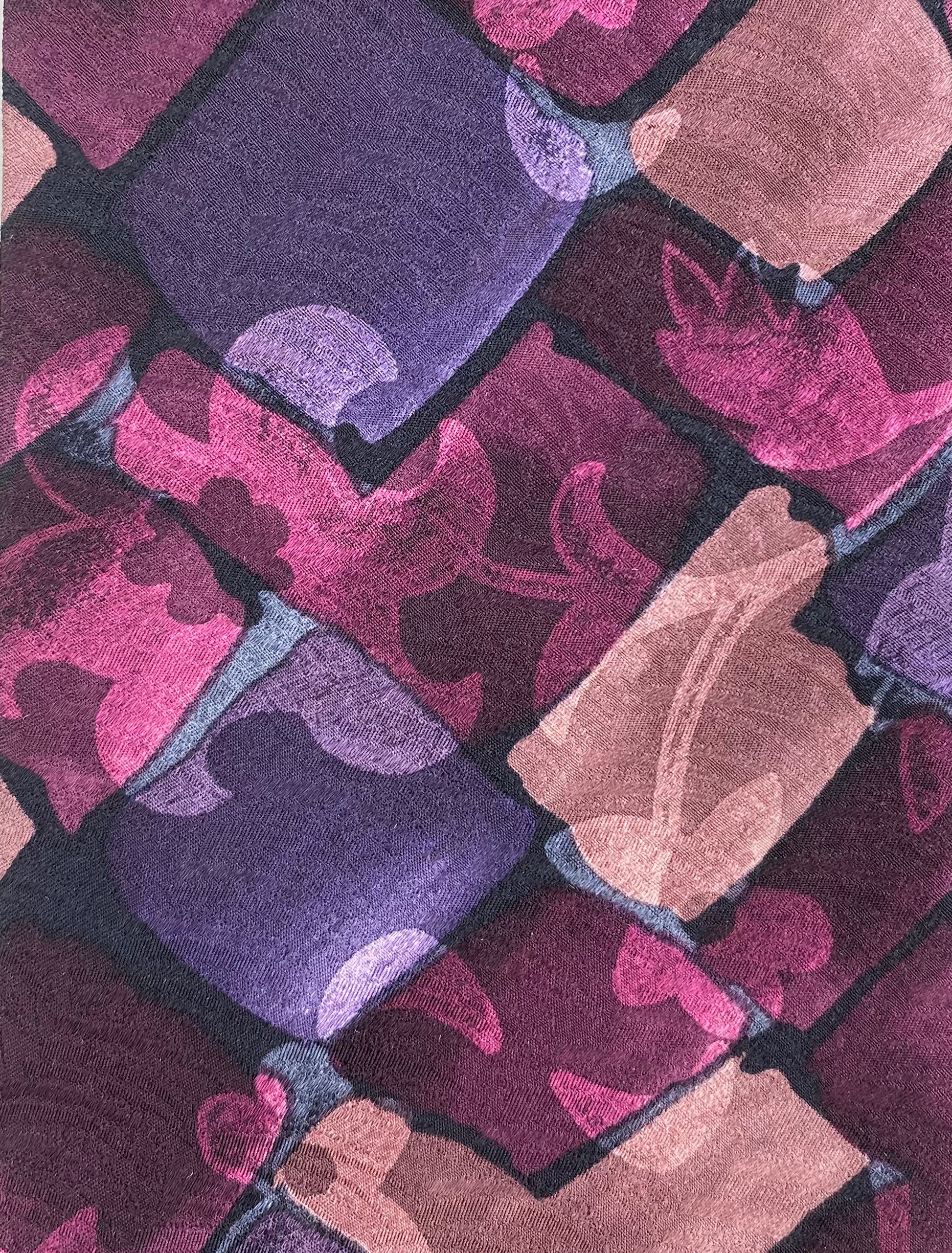 90s Deadstock Silk Necktie, Men's Vintage Purple Abstract Floral Pattern Tie, NOS