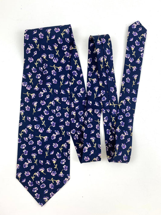 90s Deadstock Silk Necktie, Men's Vintage Blue/ Purple Floral Pattern Tie, NOS