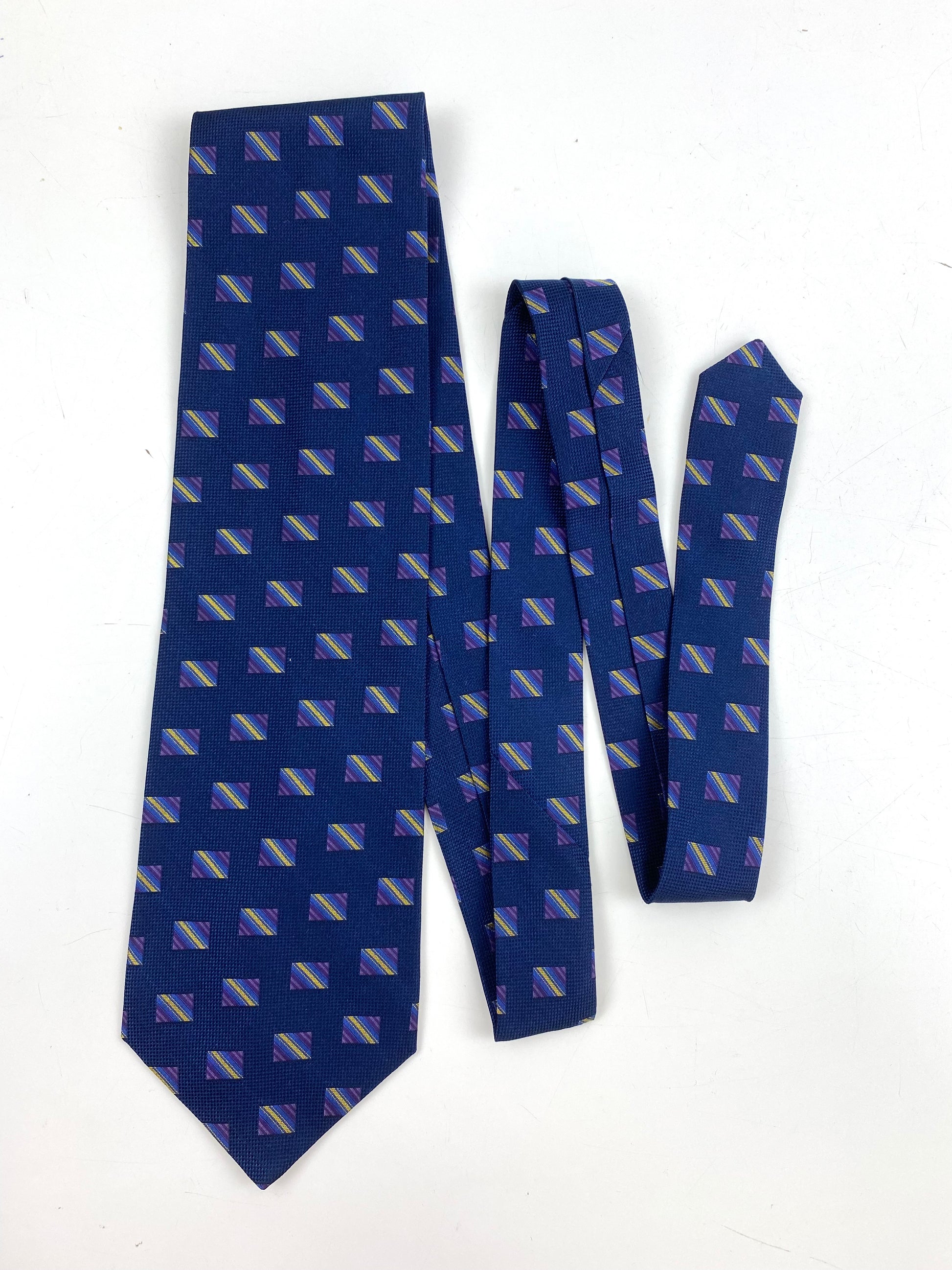 90s Deadstock Silk Necktie, Men's Vintage Blue/ Purple Square  Pattern Tie, NOS