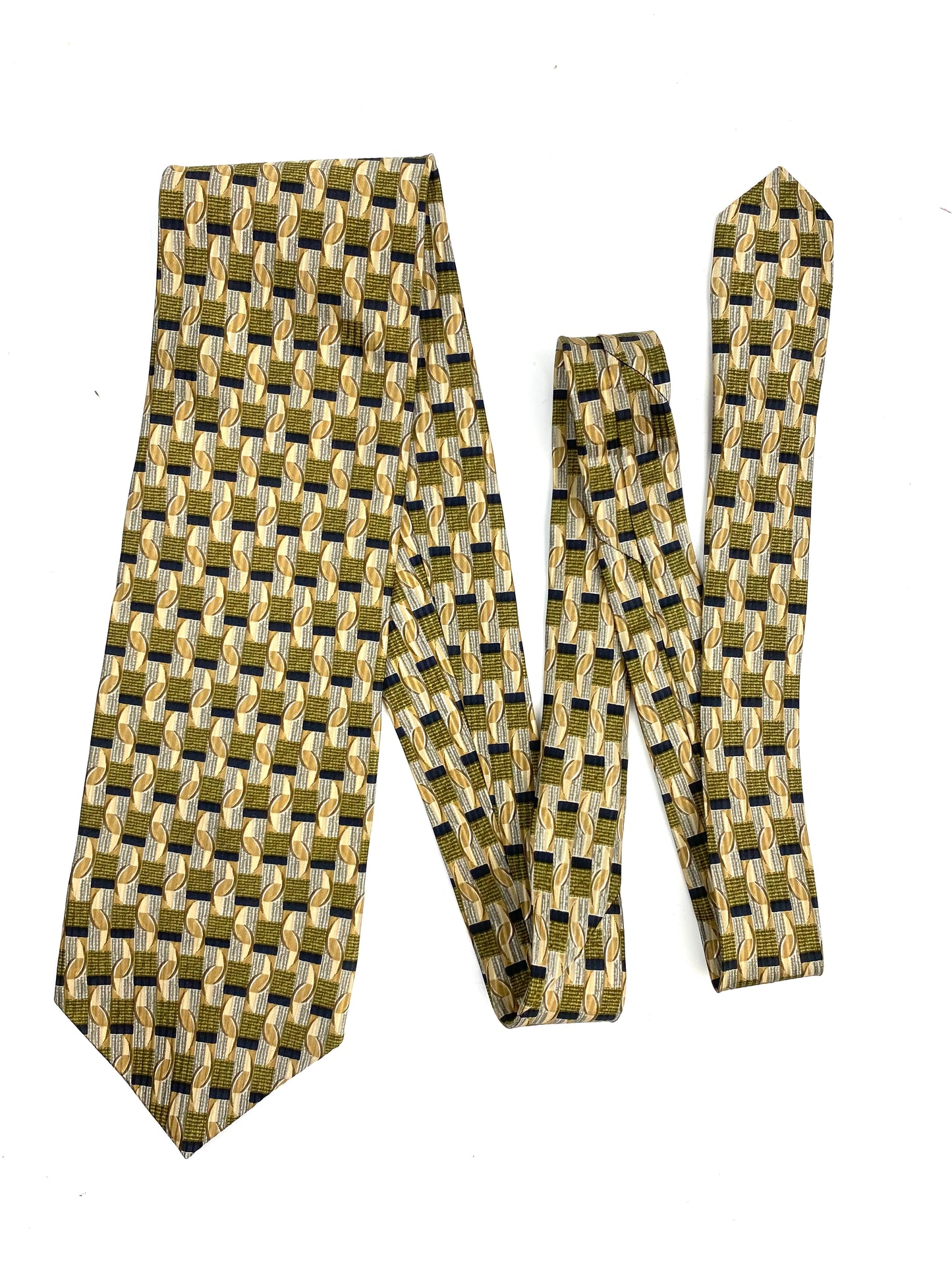 Front of: 90s Deadstock Silk Necktie, Men's Vintage Gold Green Black Geometric Pattern Tie, NOS