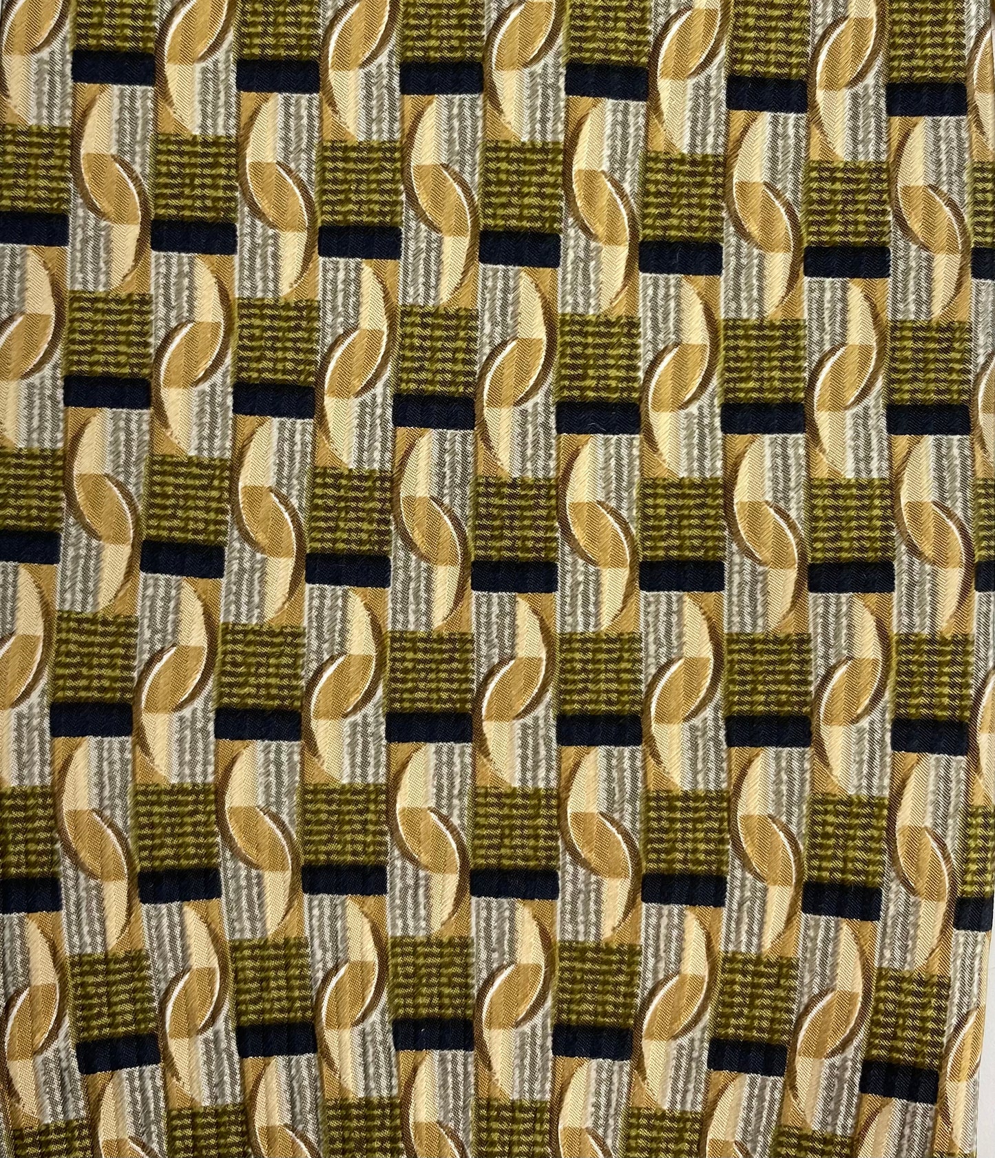 Close-up pattern detail of: 90s Deadstock Silk Necktie, Men's Vintage Gold Green Black Geometric Pattern Tie, NOS