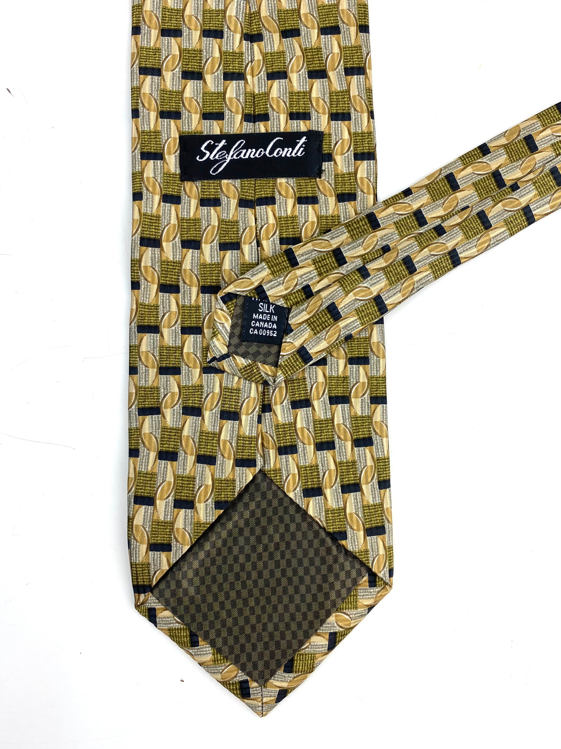 Back and labels of: 90s Deadstock Silk Necktie, Men's Vintage Gold Green Black Geometric Pattern Tie, NOS