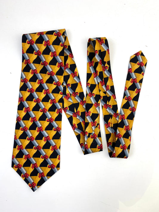 Front of: 90s Deadstock Silk Necktie, Men's Vintage Gold Red Grey Lattice Pattern Tie, NOS