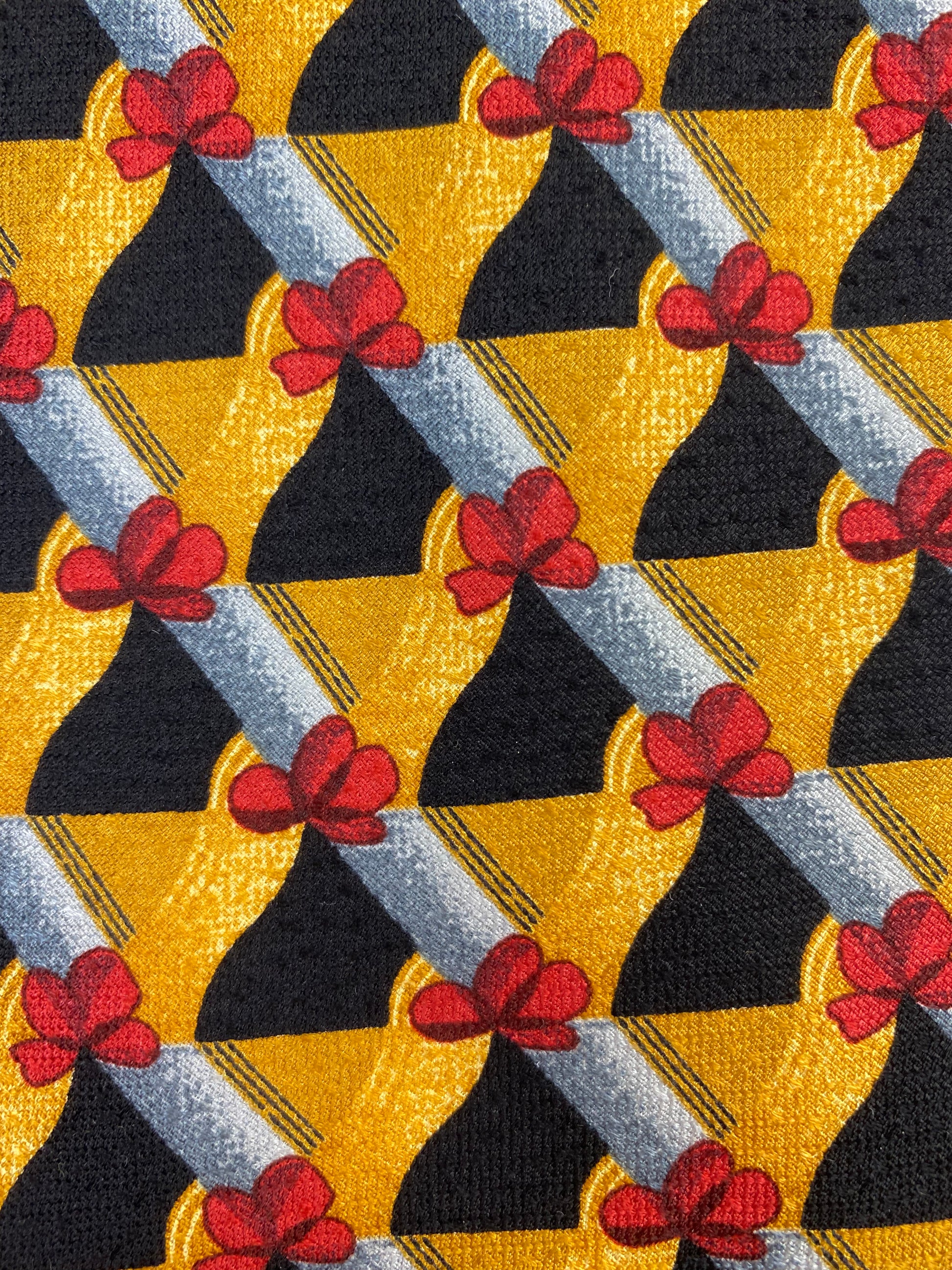 Close-up pattern detail of: 90s Deadstock Silk Necktie, Men's Vintage Gold Red Grey Lattice Pattern Tie, NOS