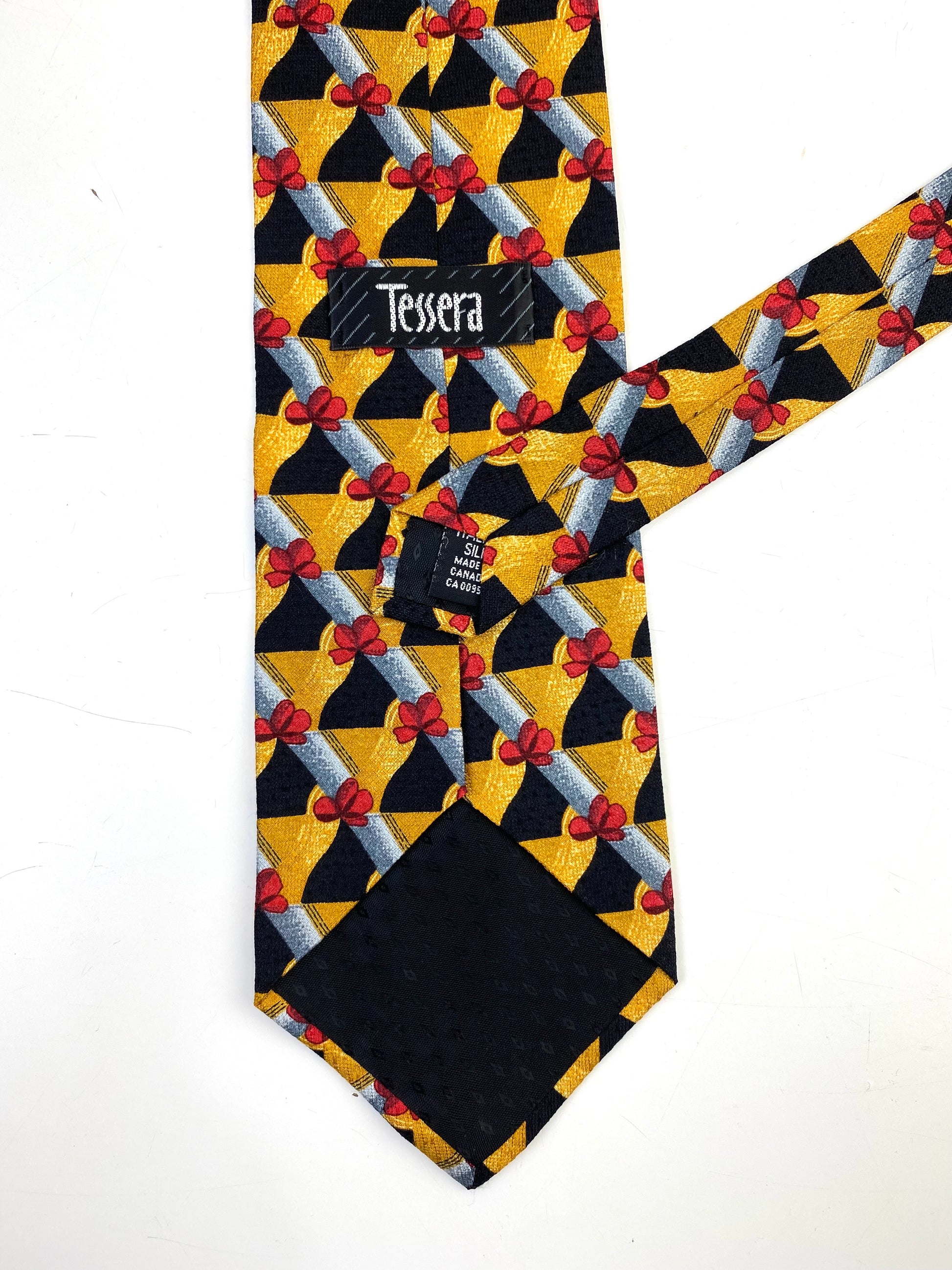 Back and labels of: 90s Deadstock Silk Necktie, Men's Vintage Gold Red Grey Lattice Pattern Tie, NOS