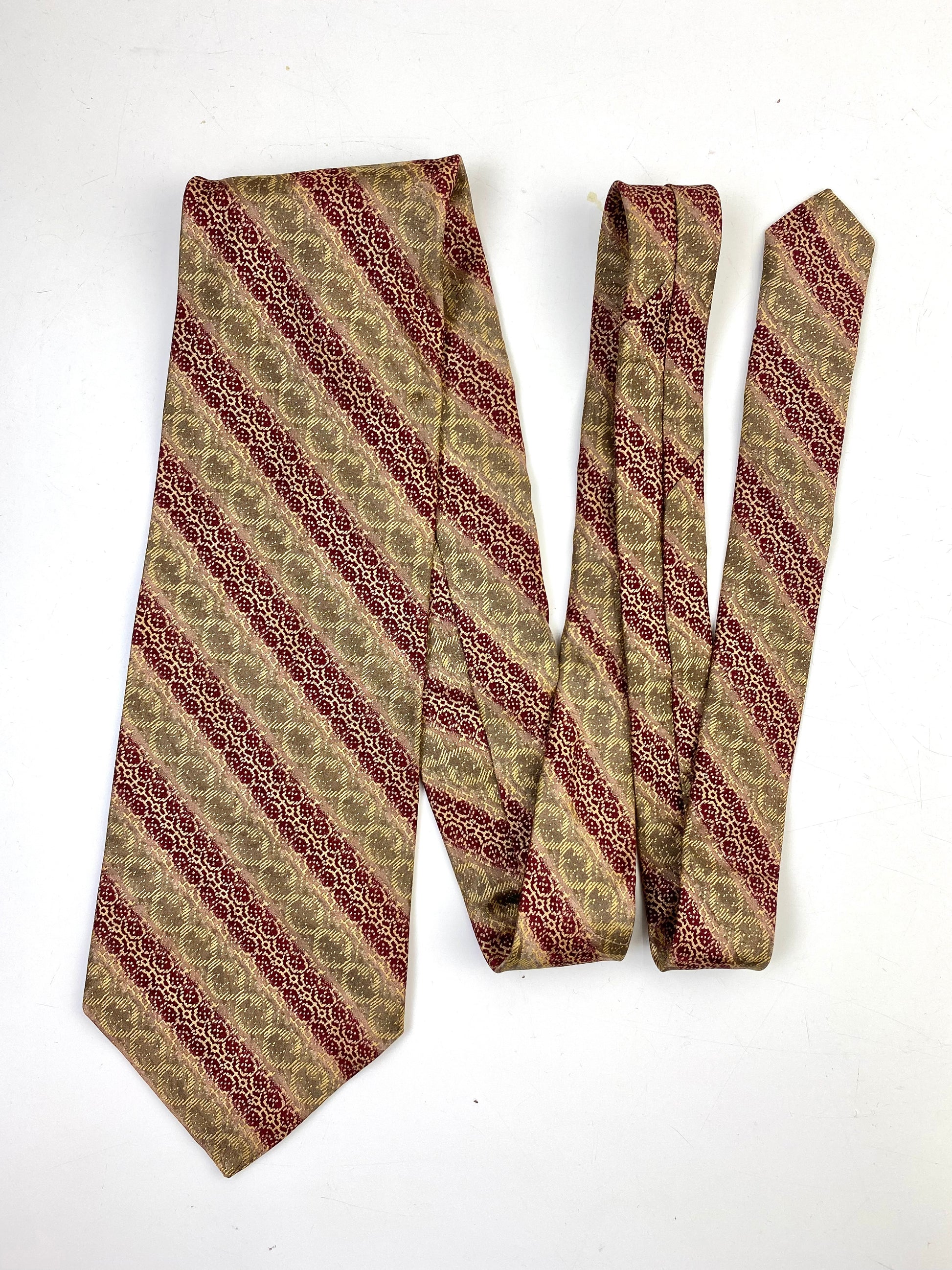 Front of: 90s Deadstock Silk Necktie, Men's Vintage Gold Red Diagonal Stripe Trellis Pattern Tie, NOS