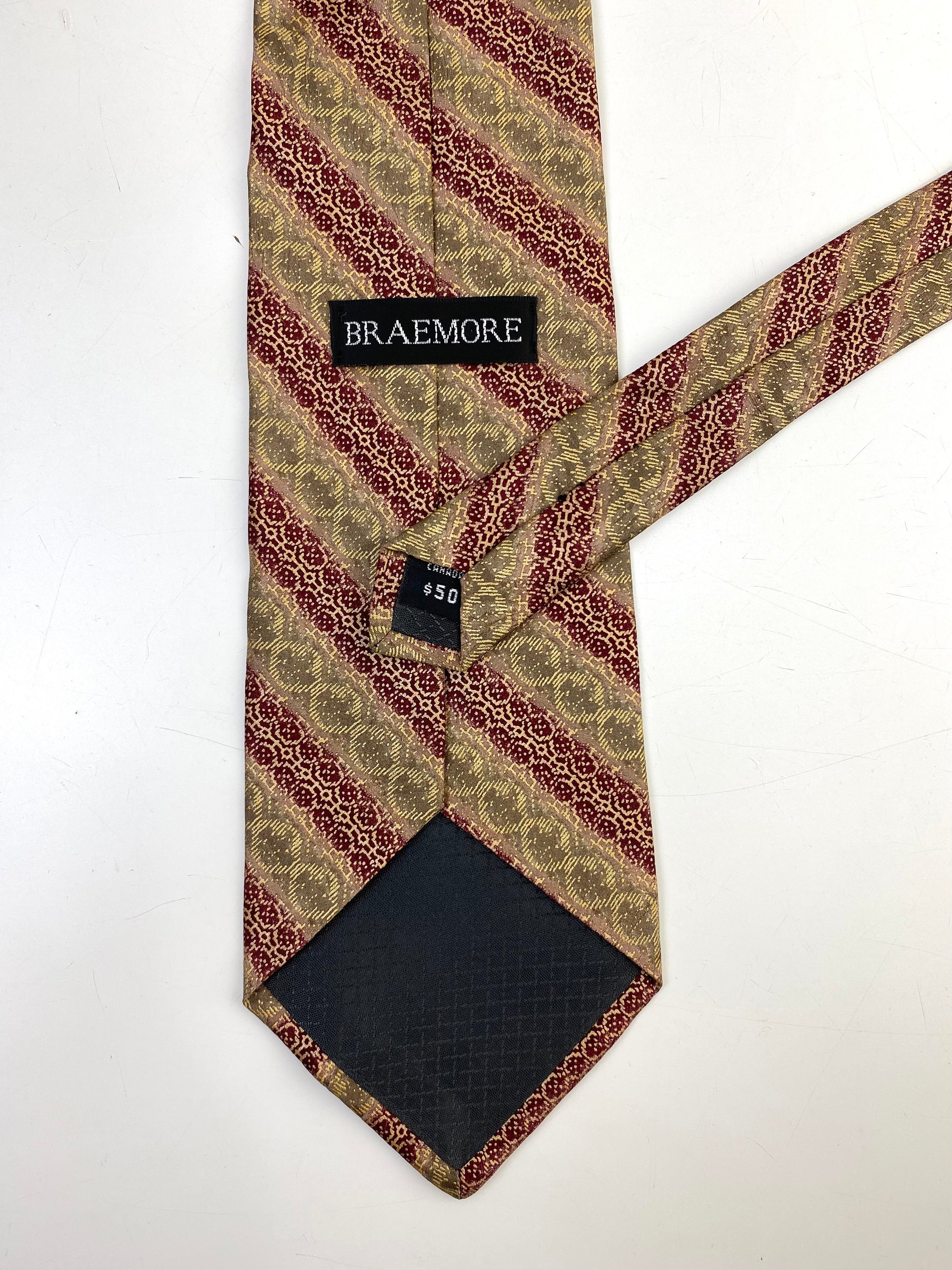 Back and labels of: 90s Deadstock Silk Necktie, Men's Vintage Gold Red Diagonal Stripe Trellis Pattern Tie, NOS