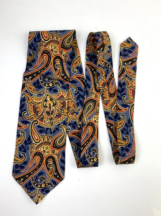 Front of: 90s Deadstock Silk Necktie, Men's Vintage Blue Gold Paisley Pattern Tie, NOS