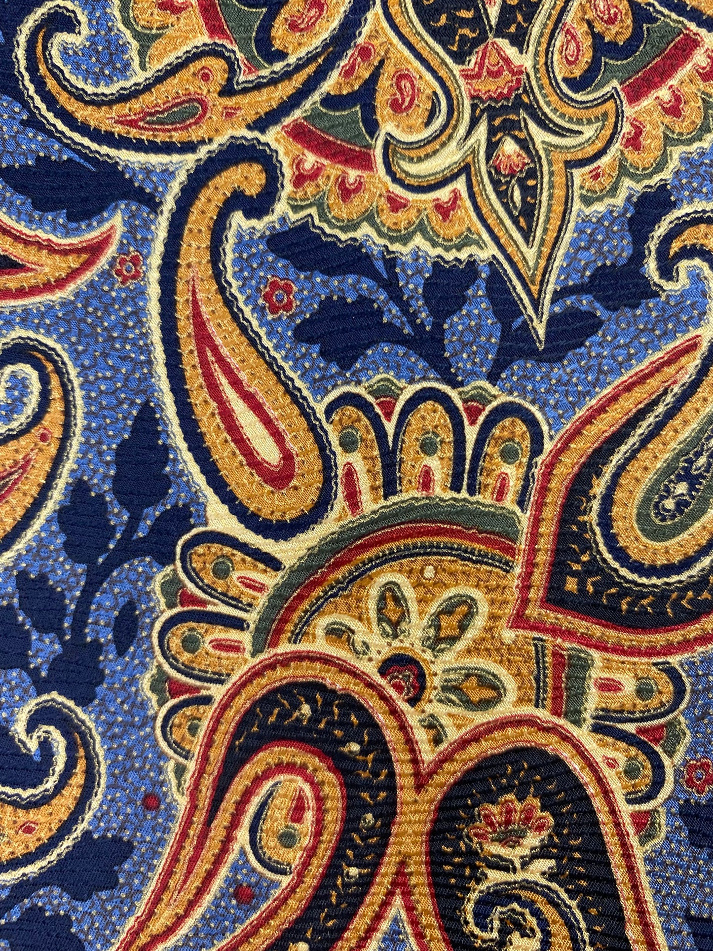 Close-up pattern detail of: 90s Deadstock Silk Necktie, Men's Vintage Blue Gold Paisley Pattern Tie, NOS