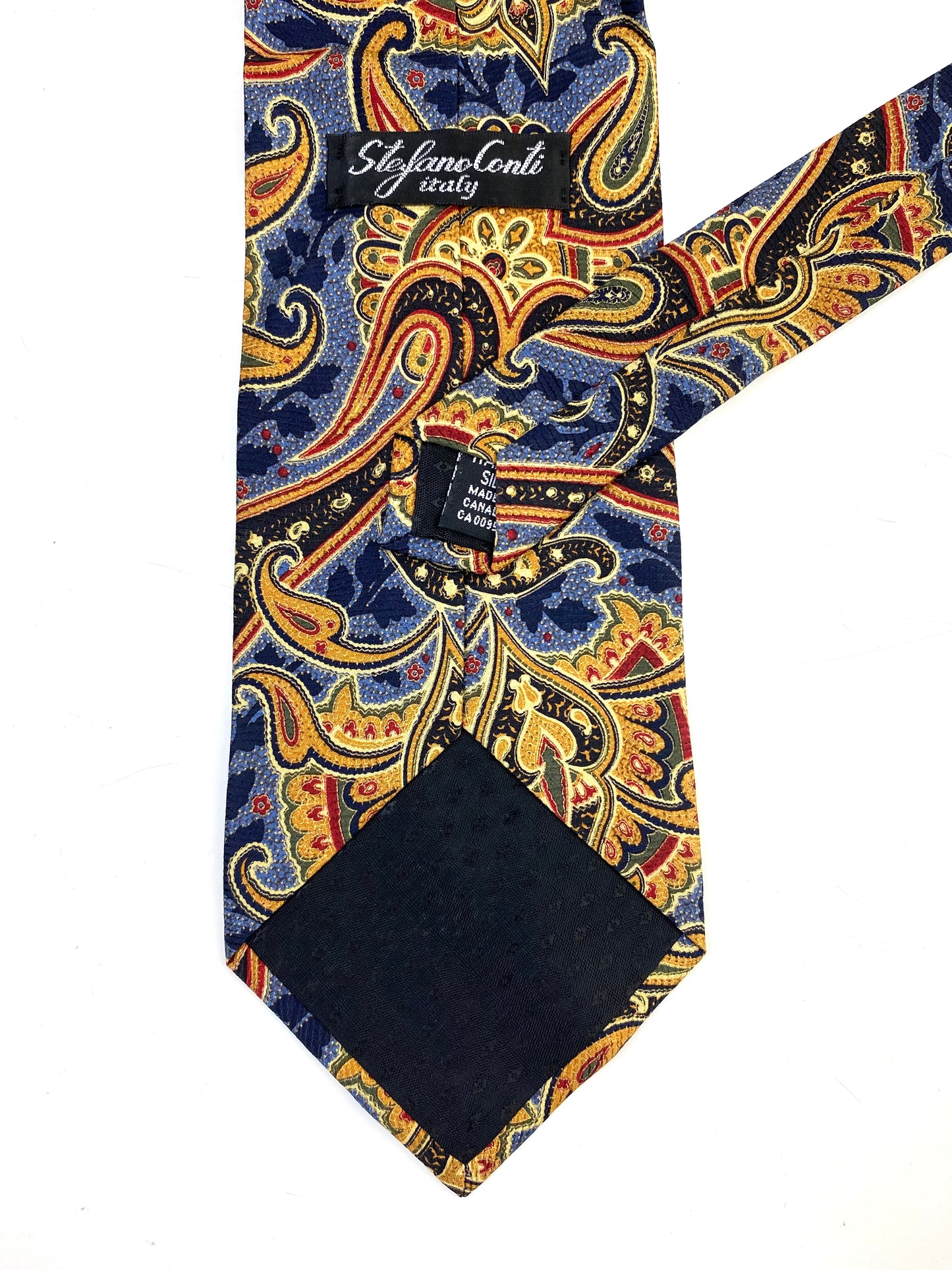 Back and labels of: 90s Deadstock Silk Necktie, Men's Vintage Blue Gold Paisley Pattern Tie, NOS