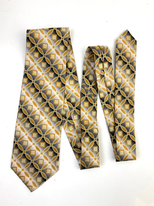 Front of: 90s Deadstock Silk Necktie, Men's Vintage Gold Grey Medallion With Diagonal Stripe Pattern Tie, NOS