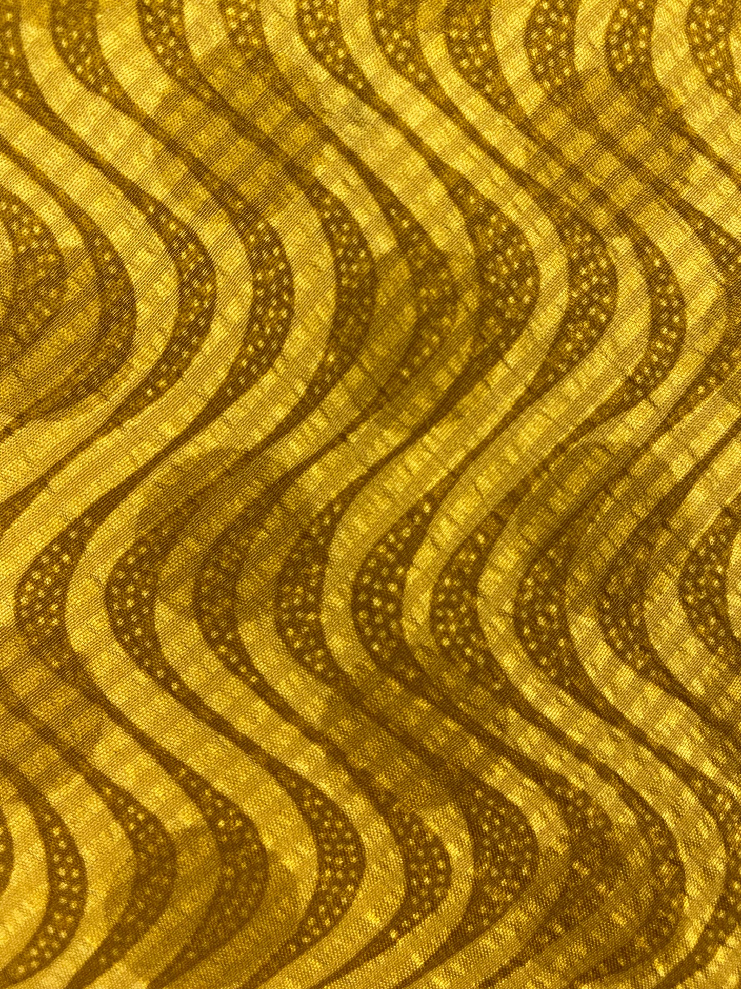 Close-up pattern detail of: 90s Deadstock Silk Necktie, Men's Vintage Gold Geometric Waves/ Circles Pattern Tie, NOS