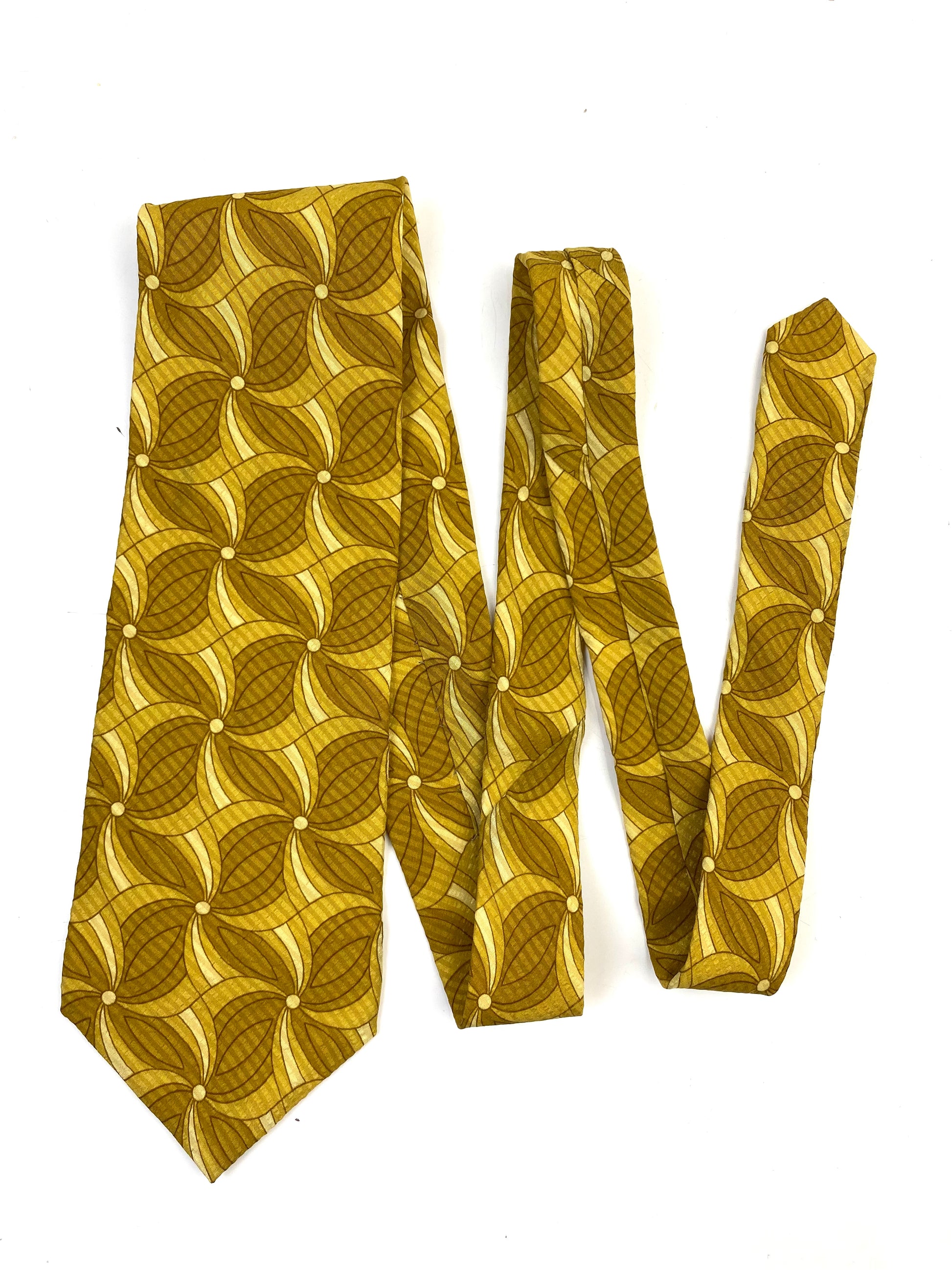 Front of: 90s Deadstock Silk Necktie, Men's Vintage Gold Floral Geometric Pattern Tie, NOS