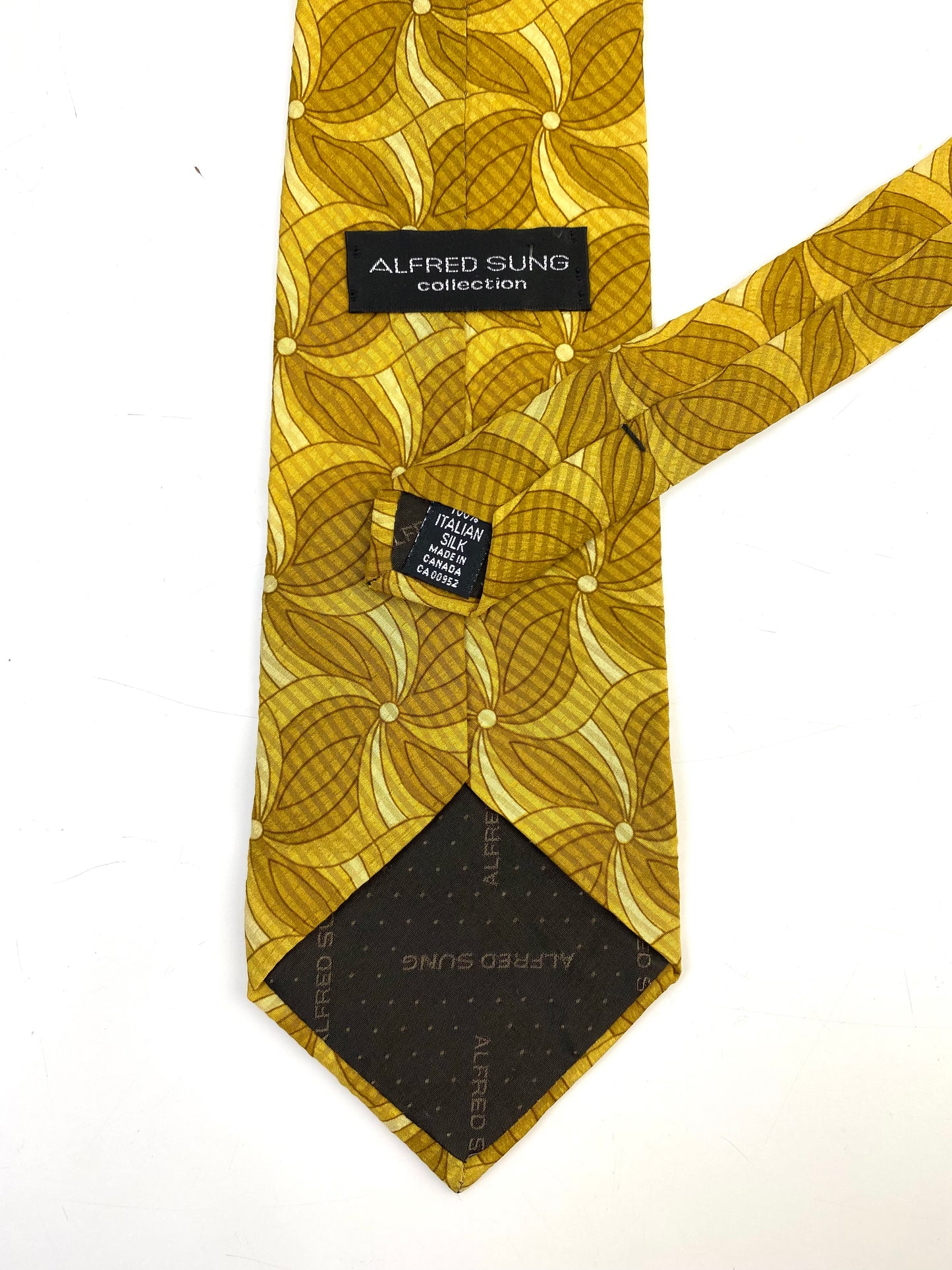 Back and labels of: 90s Deadstock Silk Necktie, Men's Vintage Gold Floral Geometric Pattern Tie, NOS