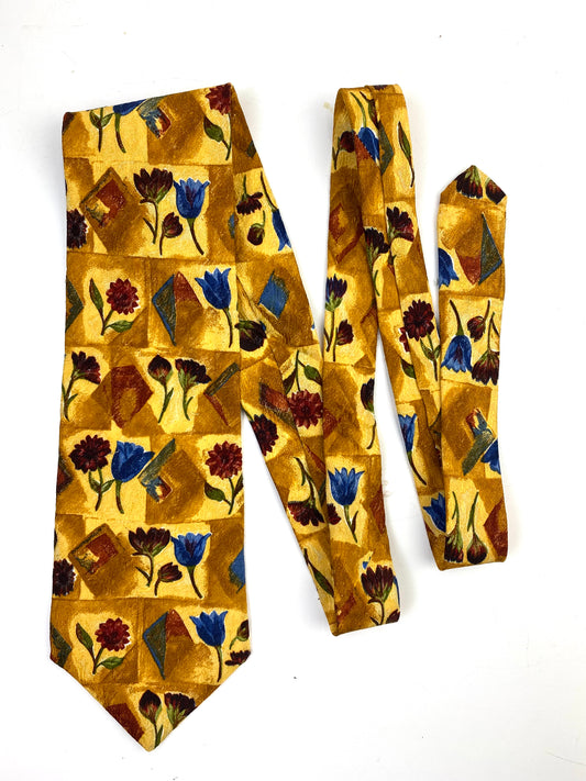 Front of: 90s Deadstock Silk Necktie, Men's Vintage Blue Tulip/ Red Daisy Floral Pattern Gold Tie, NOS