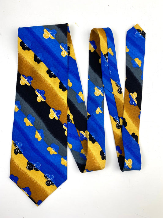 Front of: 90s Deadstock Silk Necktie, Men's Vintage Gold/Blue/Black Diagonal Stripe Floral Butterfly Pattern Tie, NOS