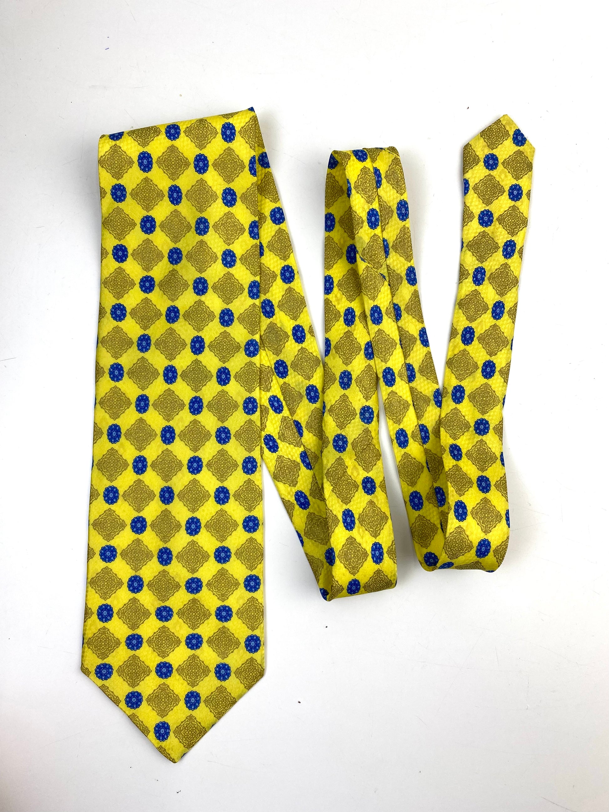Front of: 90s Deadstock Silk Necktie, Men's Vintage Yellow/Gold/Blue Medallion Pattern Tie, NOS