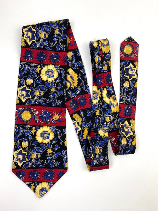 90s Deadstock Silk Necktie, Men's Vintage Blue/ Wine Floral Pattern Tie, NOS
