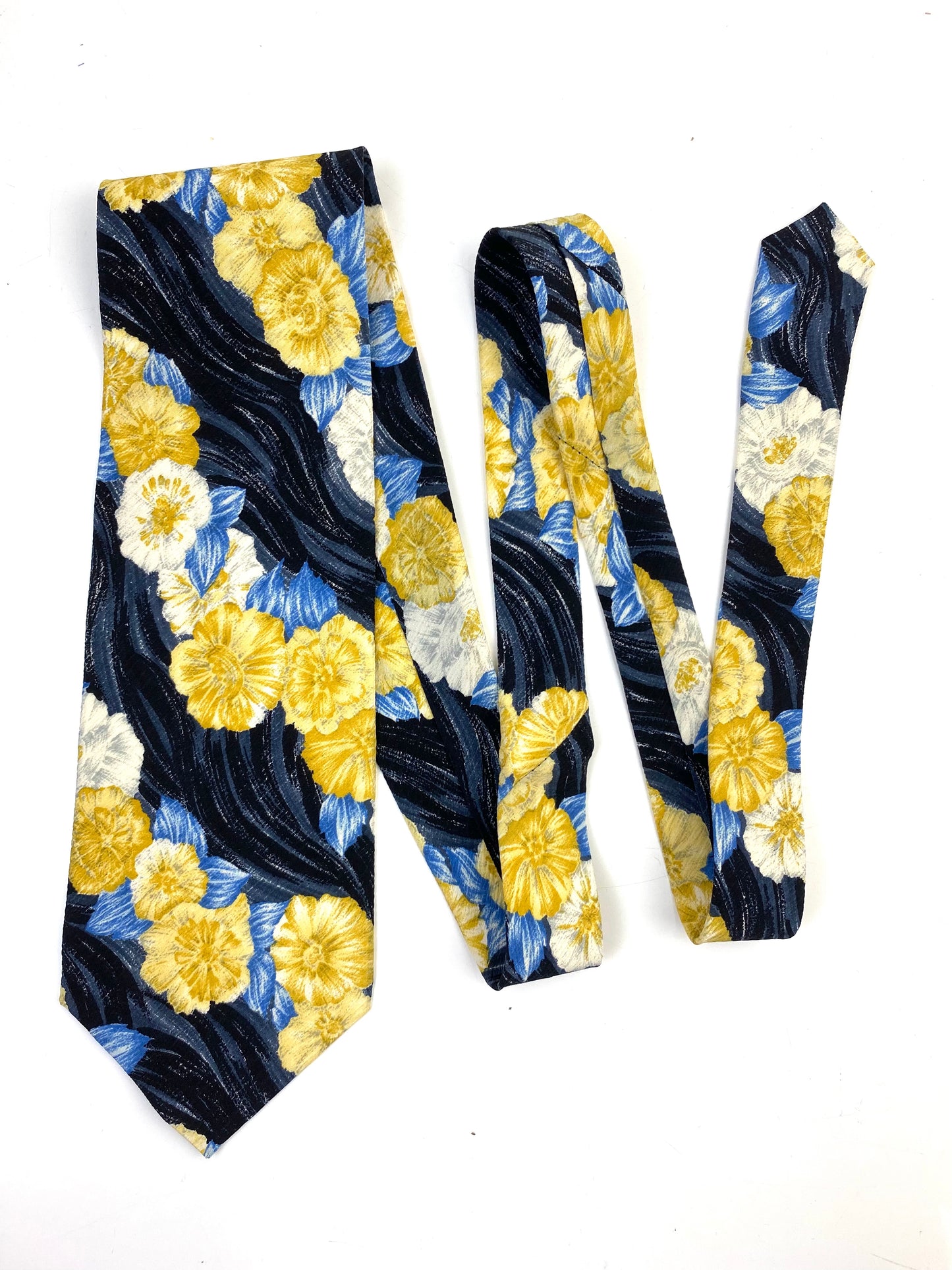 90s Deadstock Silk Necktie, Men's Vintage Gold Blue Floral Pattern Tie, NOS