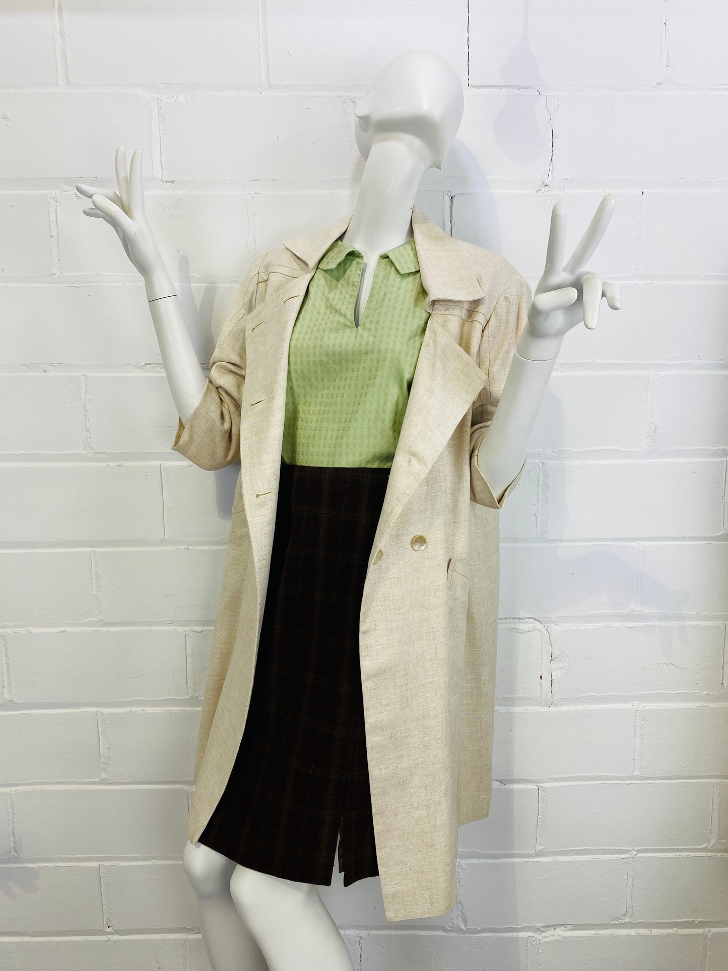 Vintage 1960s 2-Piece Green Cotton Skirt & Blouse Set, Small