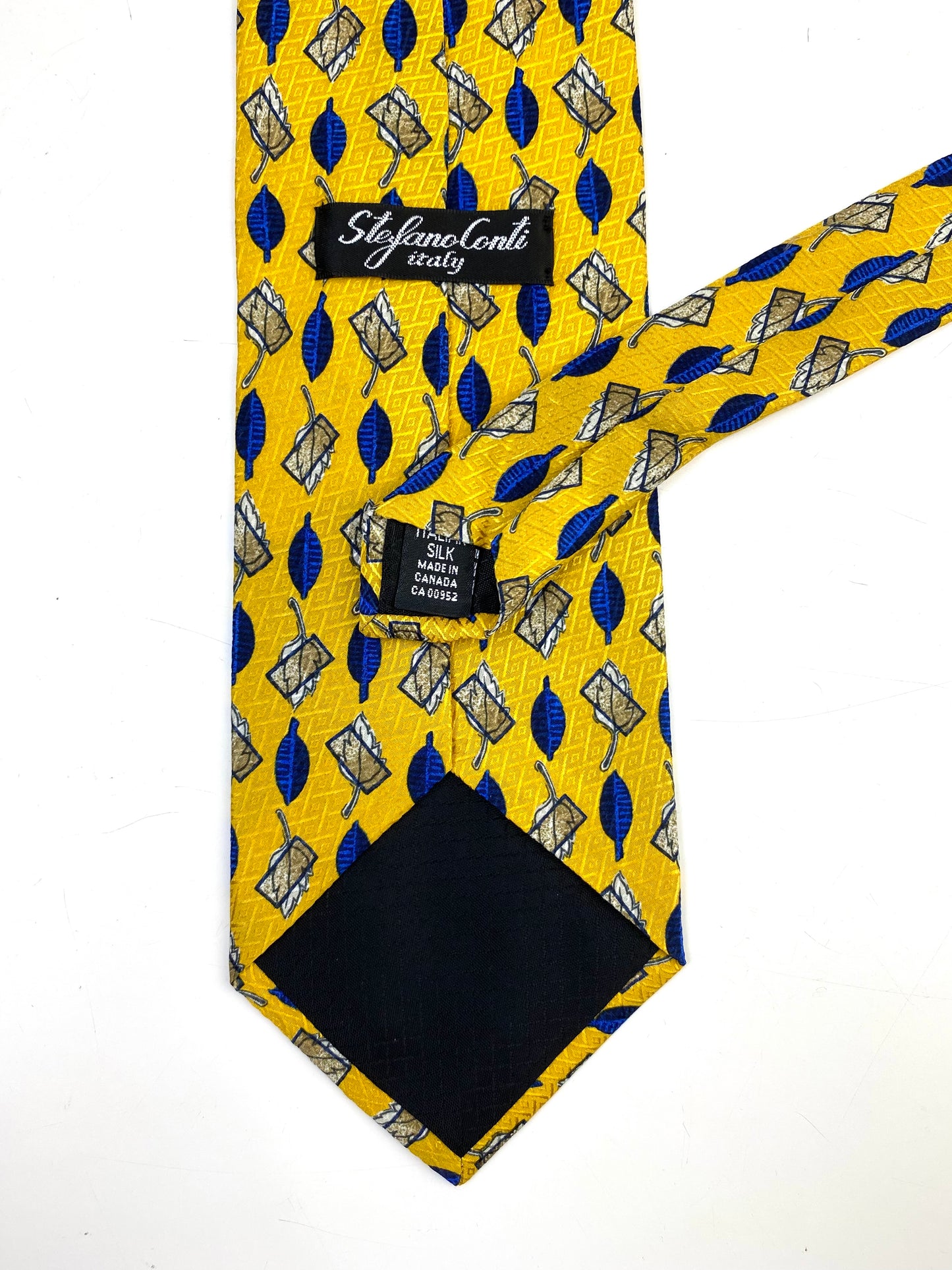 90s Deadstock Silk Necktie, Men's Vintage Gold/ Blue Leaf Pattern Tie, NOS