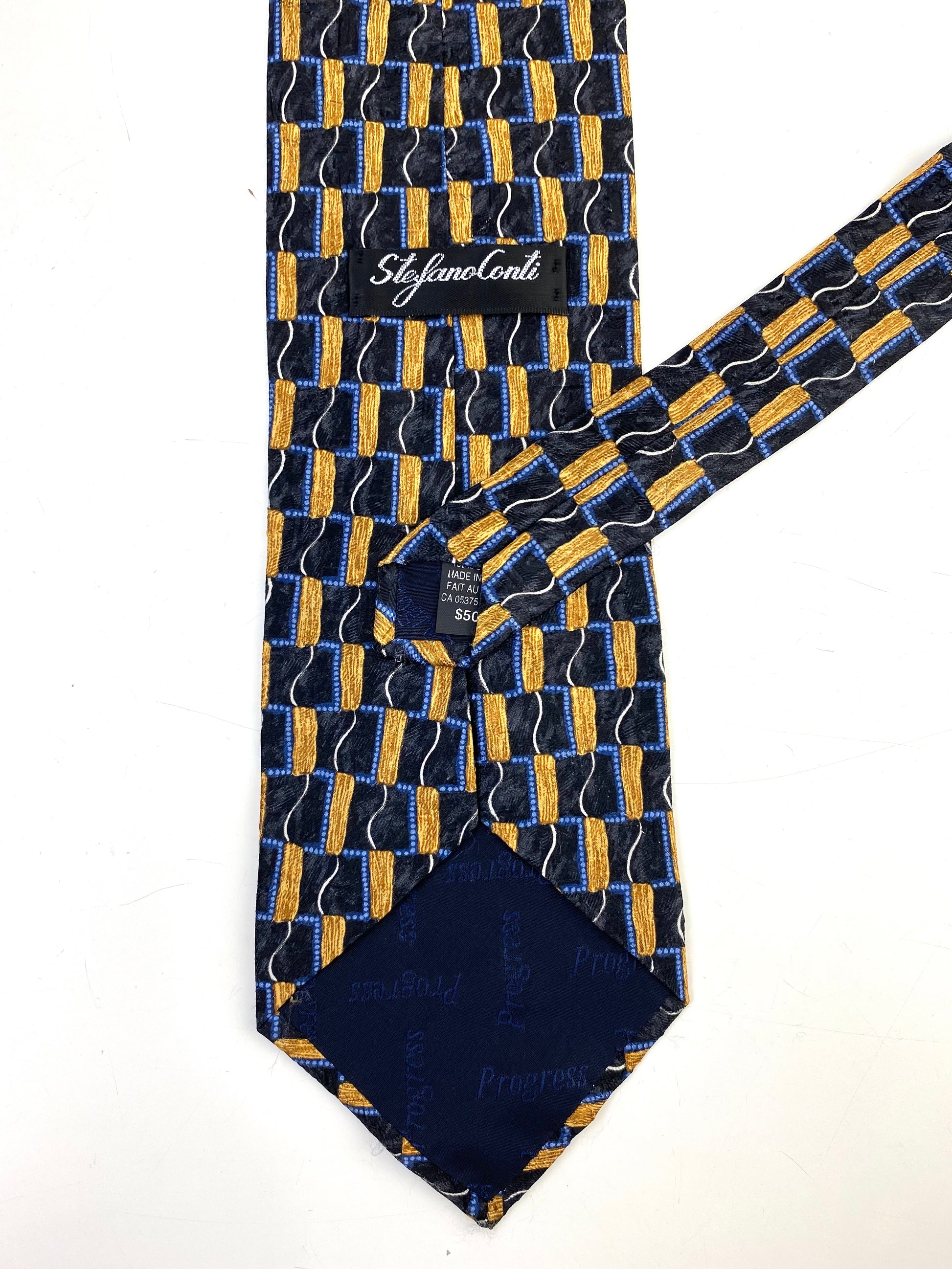 90s Deadstock Silk Necktie, Men's Vintage Gold/ Blue Geometric Pattern Tie, NOS